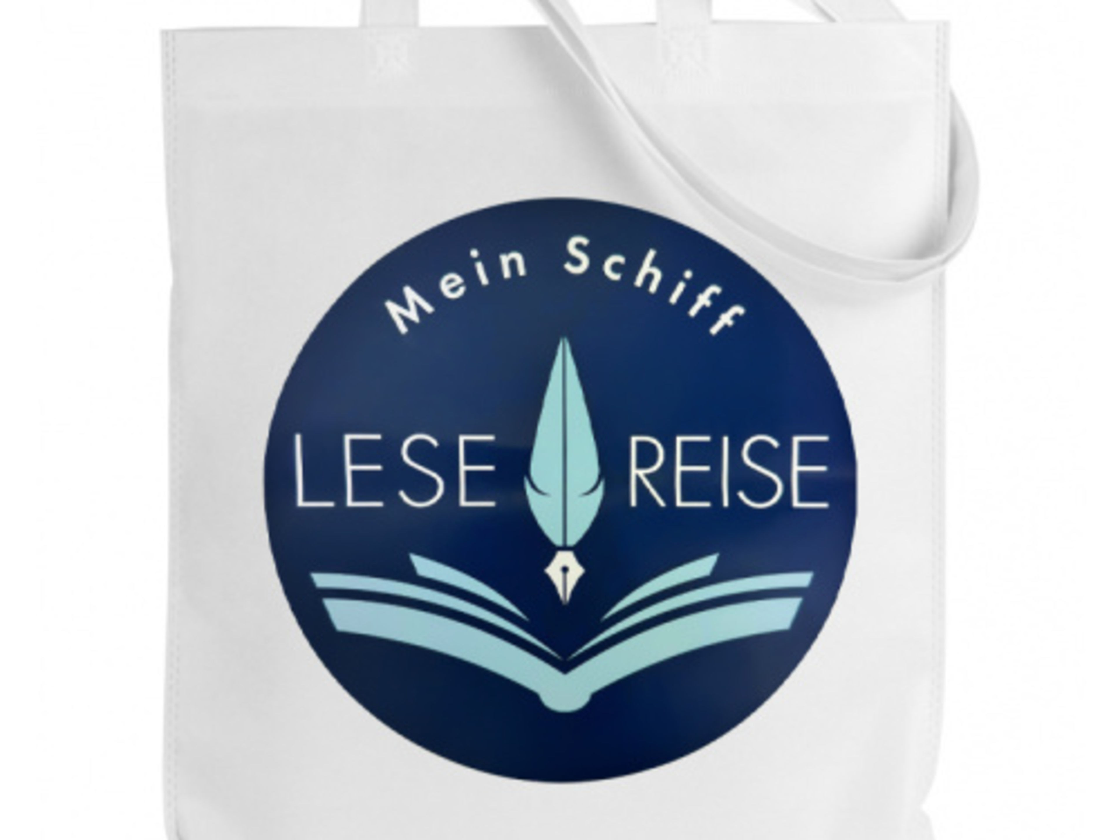 Weiße Tasche mit blauem Logo "Mein Schiff Lese-Reise", Buch und Feder. Weiße Tasche mit blauem Logo "Mein Schiff Lese-Reise", Buch und Feder.