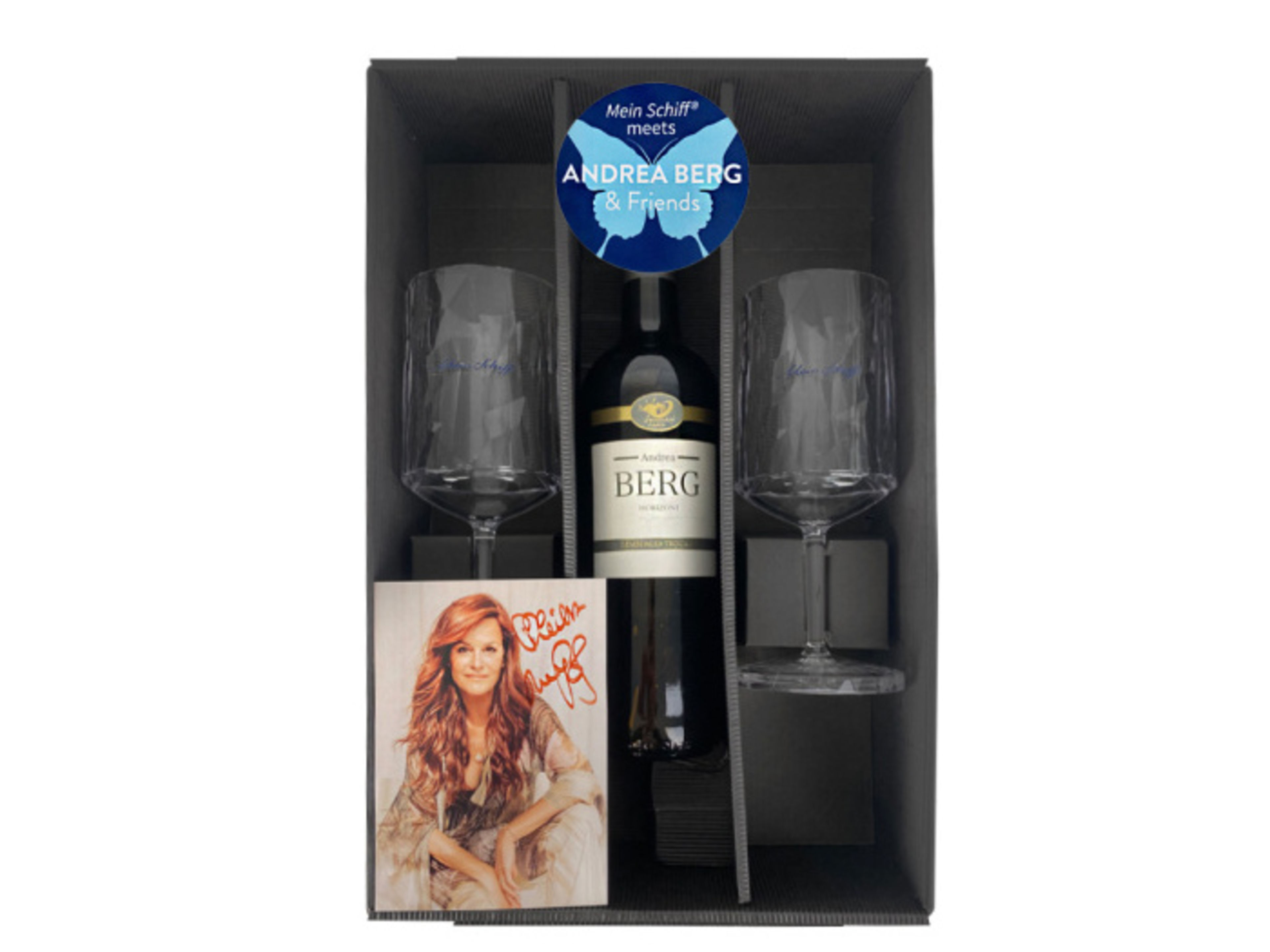 Weinset mit Andrea Berg Autogramm, zwei Gläser. Weinset mit Andrea Berg Autogramm, zwei Gläser.