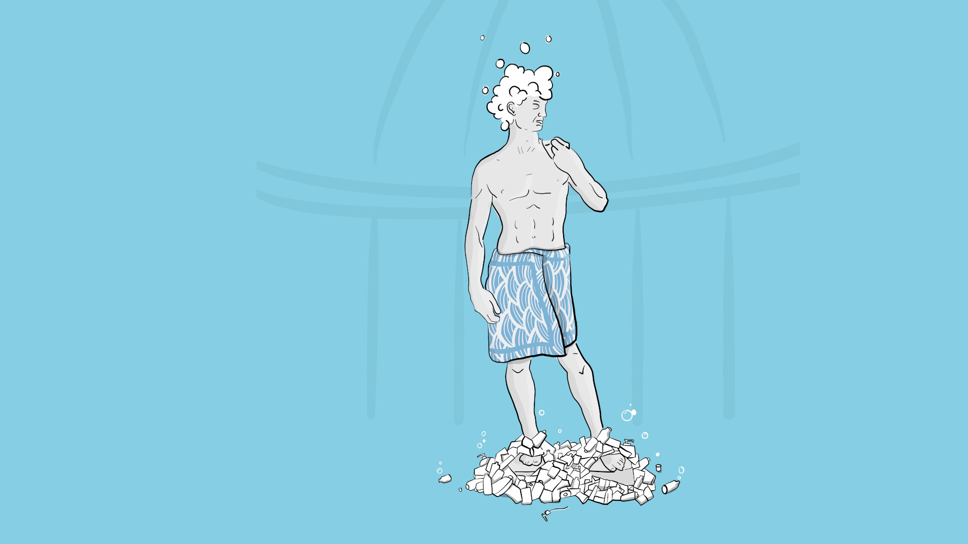 Statue in blauer Badehose steht auf Plastikmüll, blauer Hintergrund.