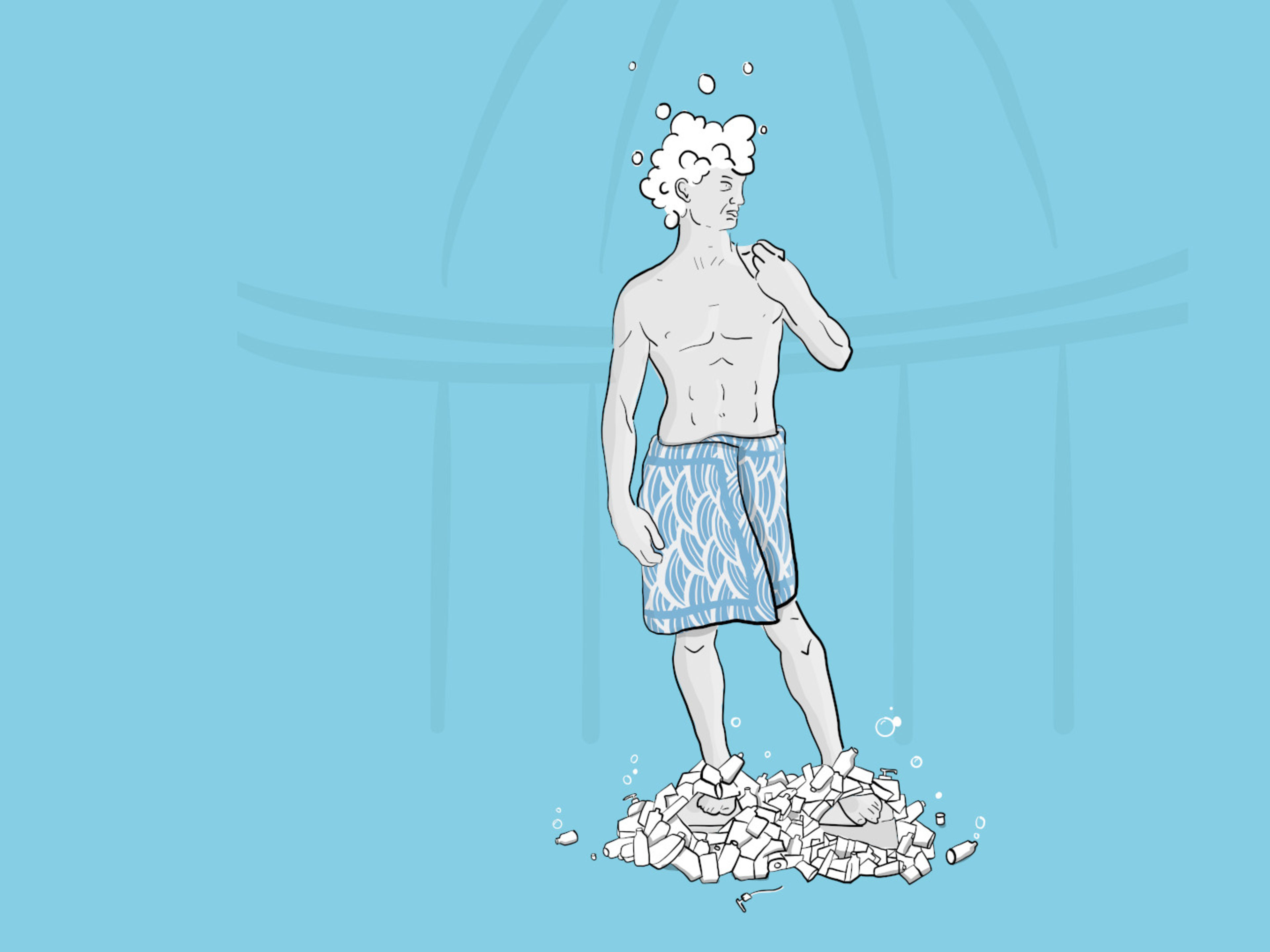 Statue in blauer Badehose steht auf Plastikmüll, blauer Hintergrund. Statue in blauer Badehose steht auf Plastikmüll, blauer Hintergrund.