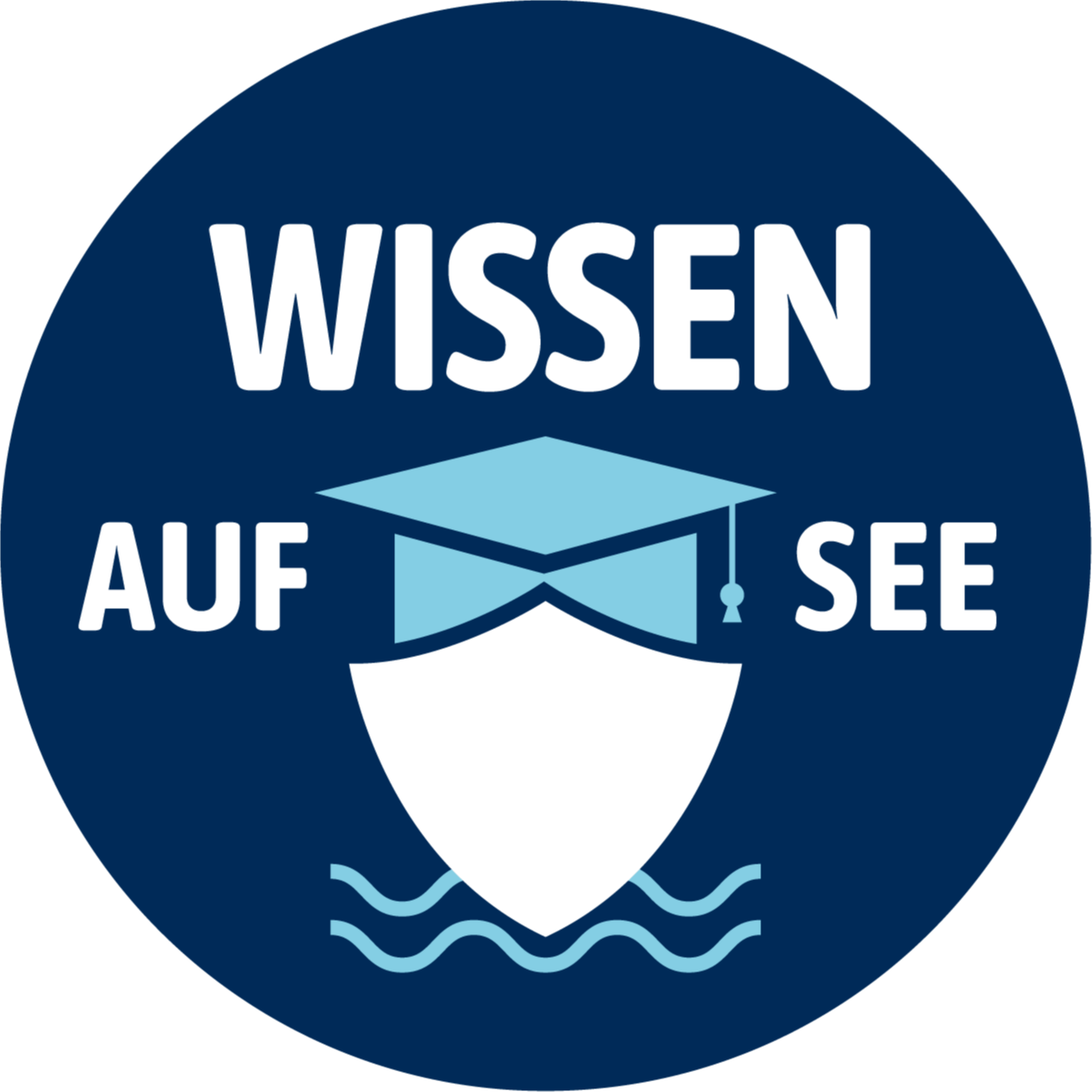 Blaues Logo mit Schiff, Doktorhut und Text "Wissen auf See".