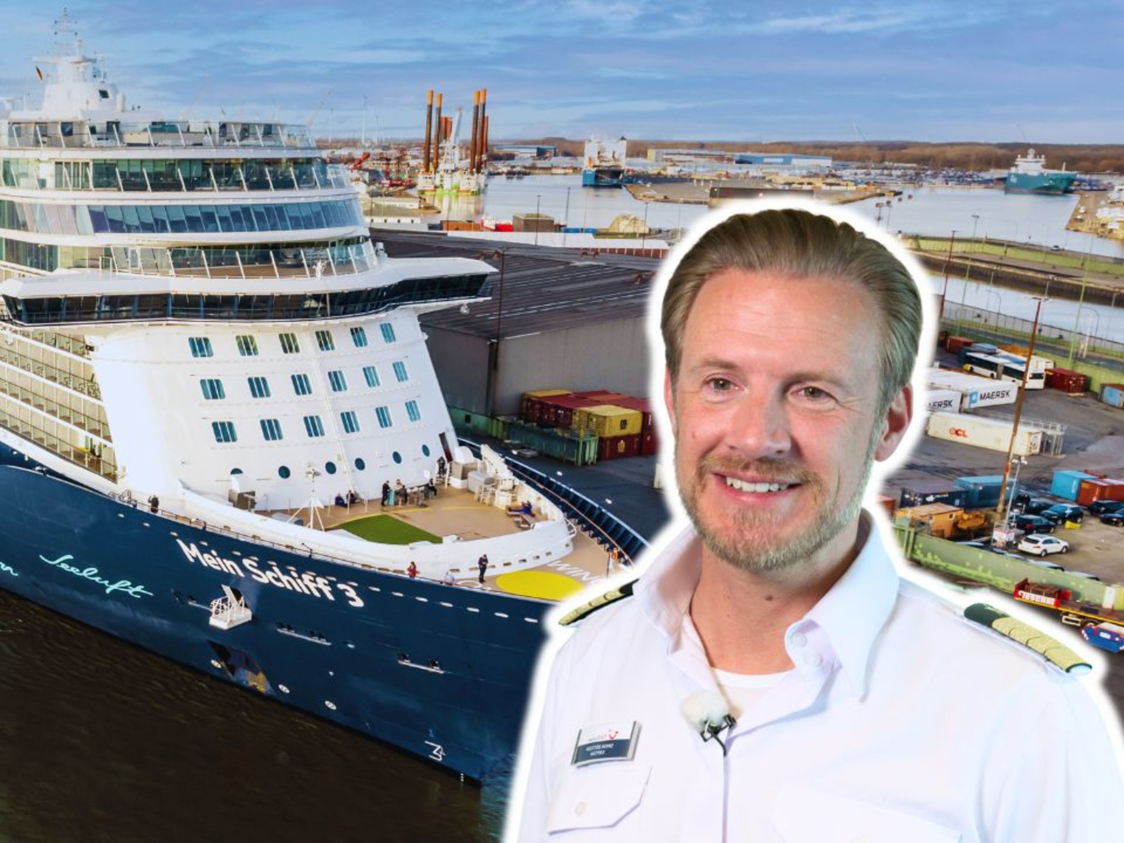 Simon Böttger Kapitän Simon Böttger vor Kreuzfahrtschiff der Mein Schiff® Flotte im Hafen.