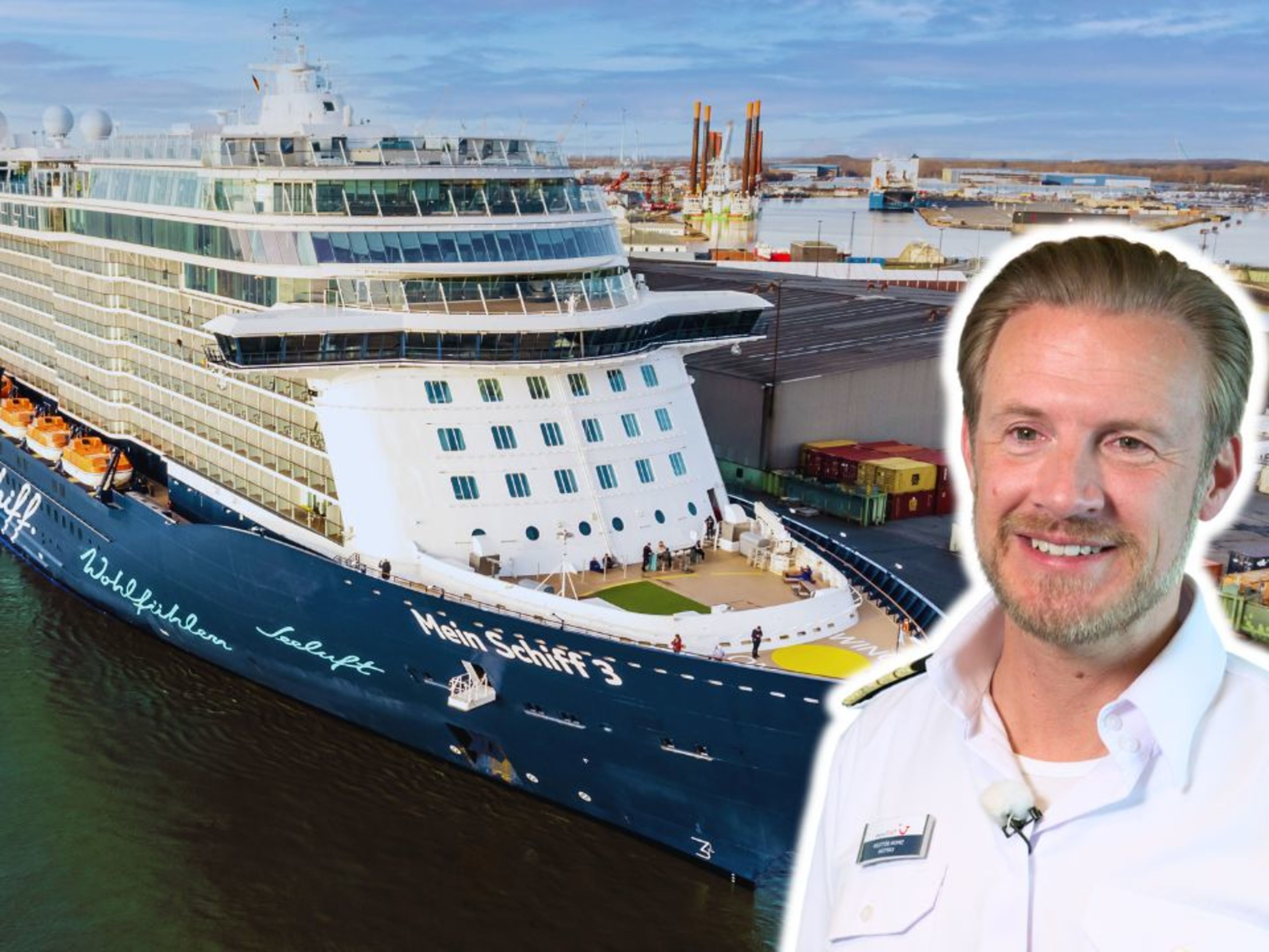 Kapitän Simon Böttger vor Kreuzfahrtschiff der Mein Schiff® Flotte im Hafen. Kapitän Simon Böttger vor Kreuzfahrtschiff der Mein Schiff® Flotte im Hafen.