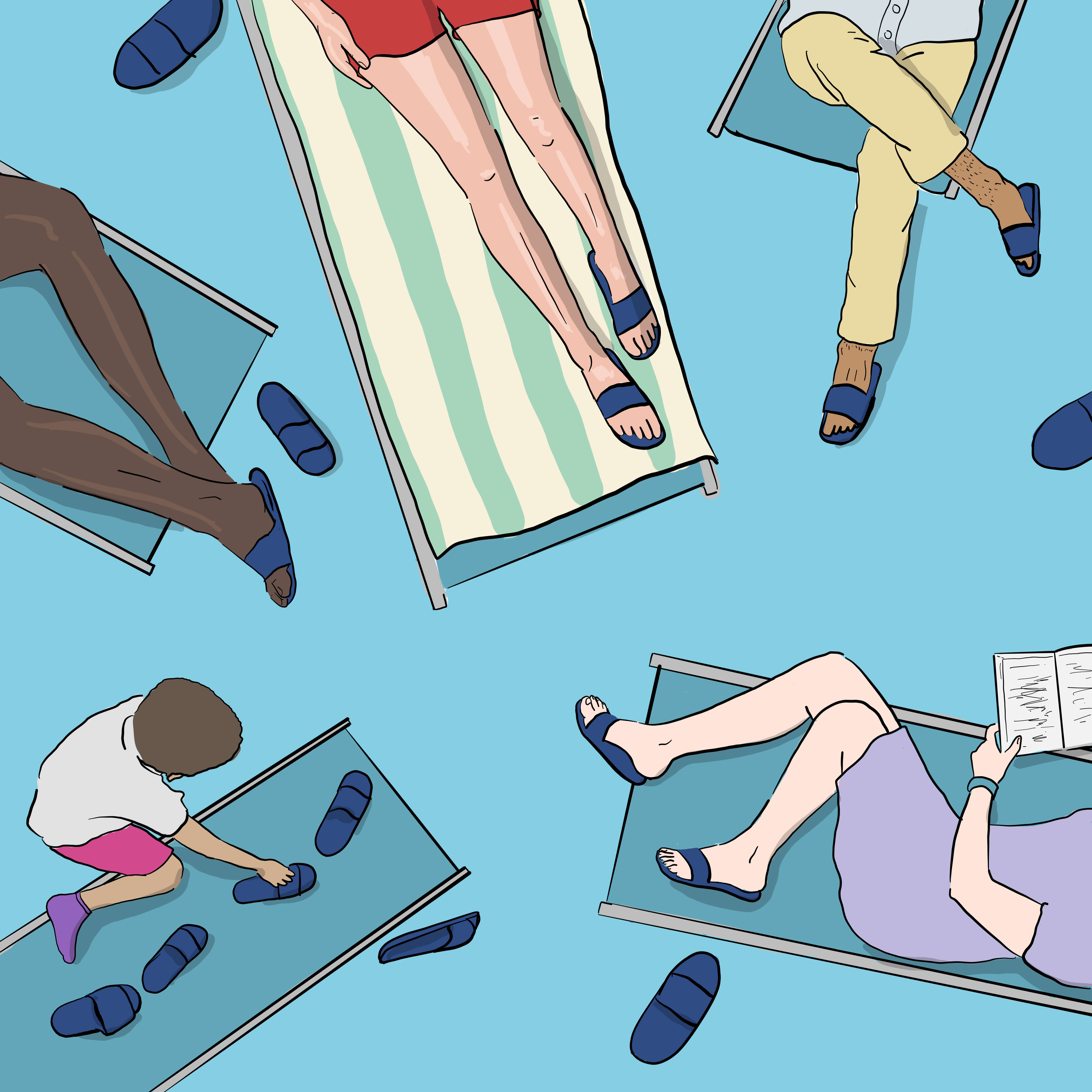 Menschen entspannen auf Liegestühlen am Pool, blaue Sandalen.