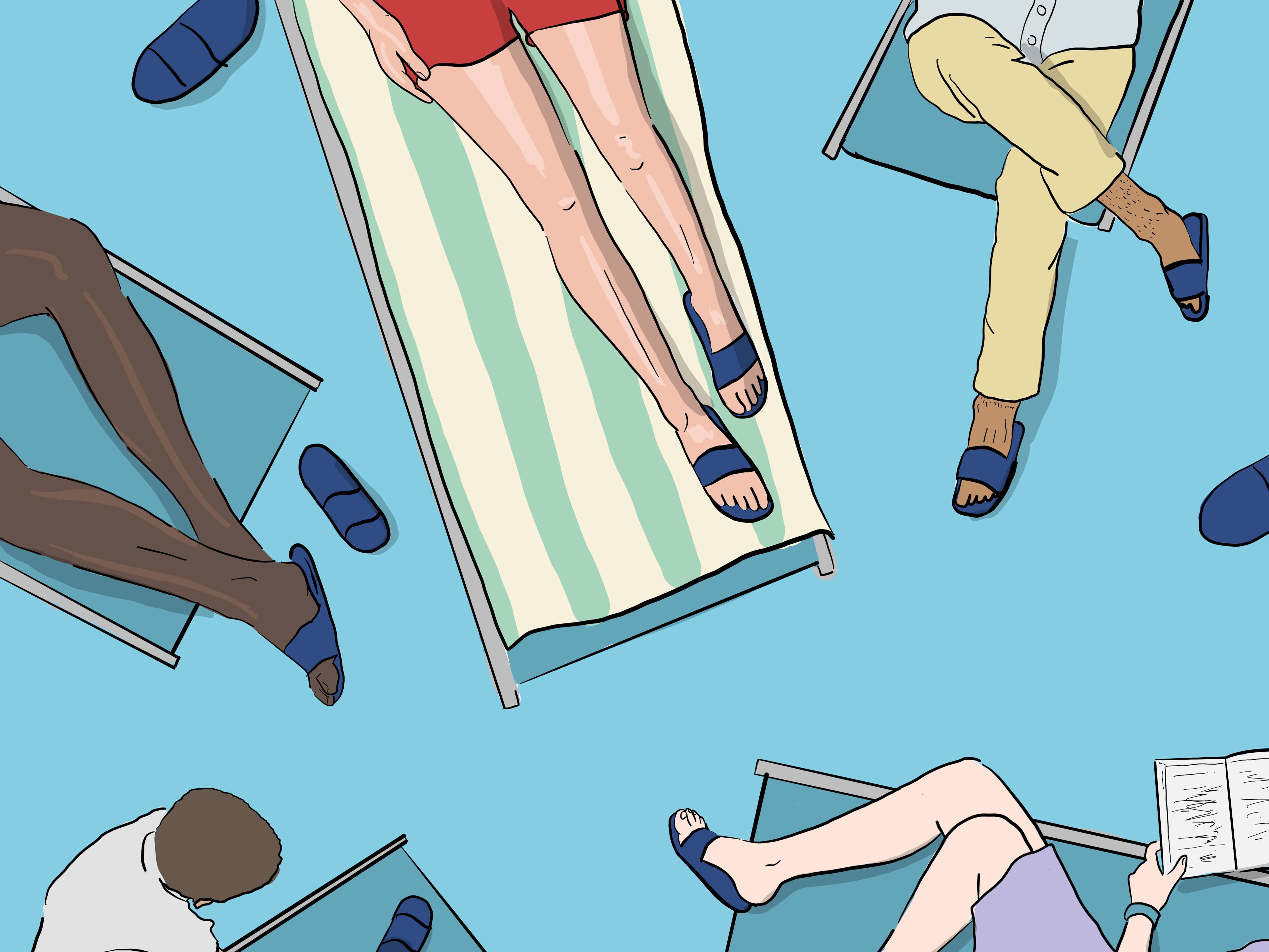 Kleine Schritte große Wirkung Menschen entspannen auf Liegestühlen am Pool, blaue Sandalen.