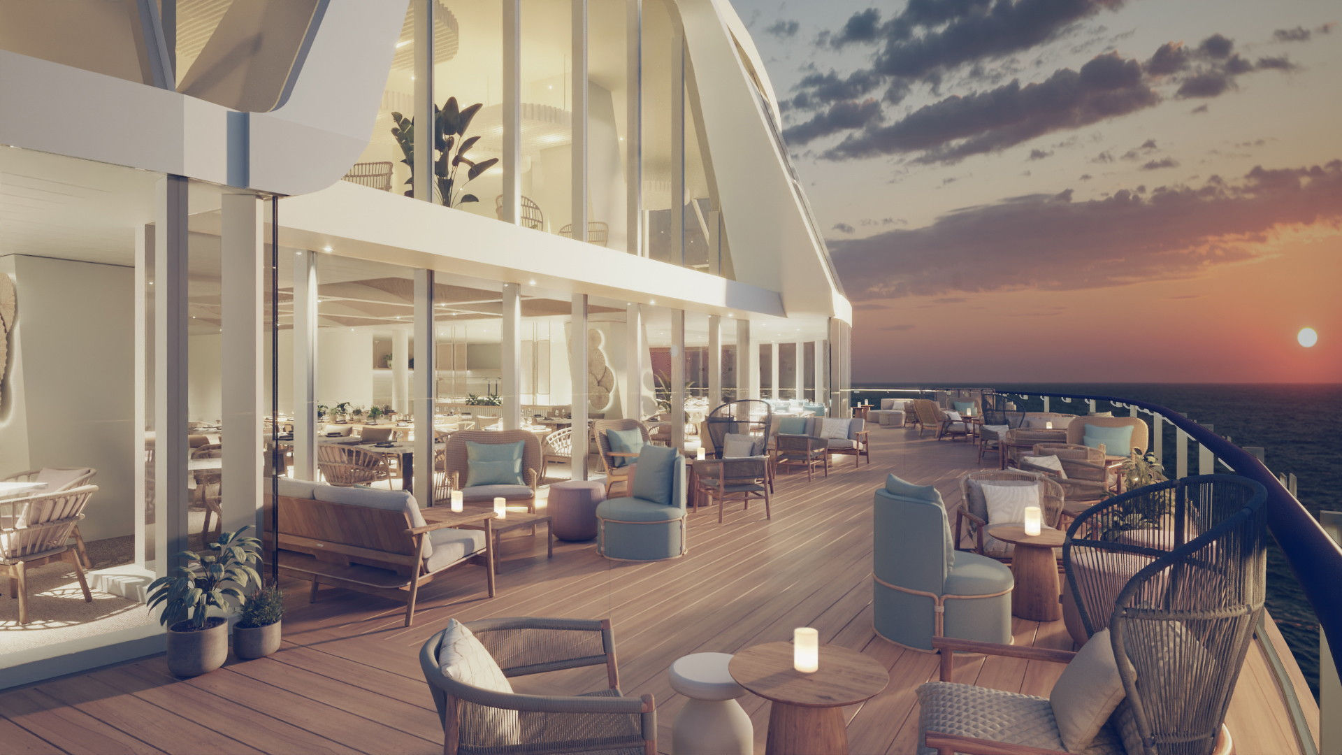 Sonnenterrasse auf Kreuzfahrtschiff bei Sonnenuntergang, stilvolle Möbel, Kerzenlicht.