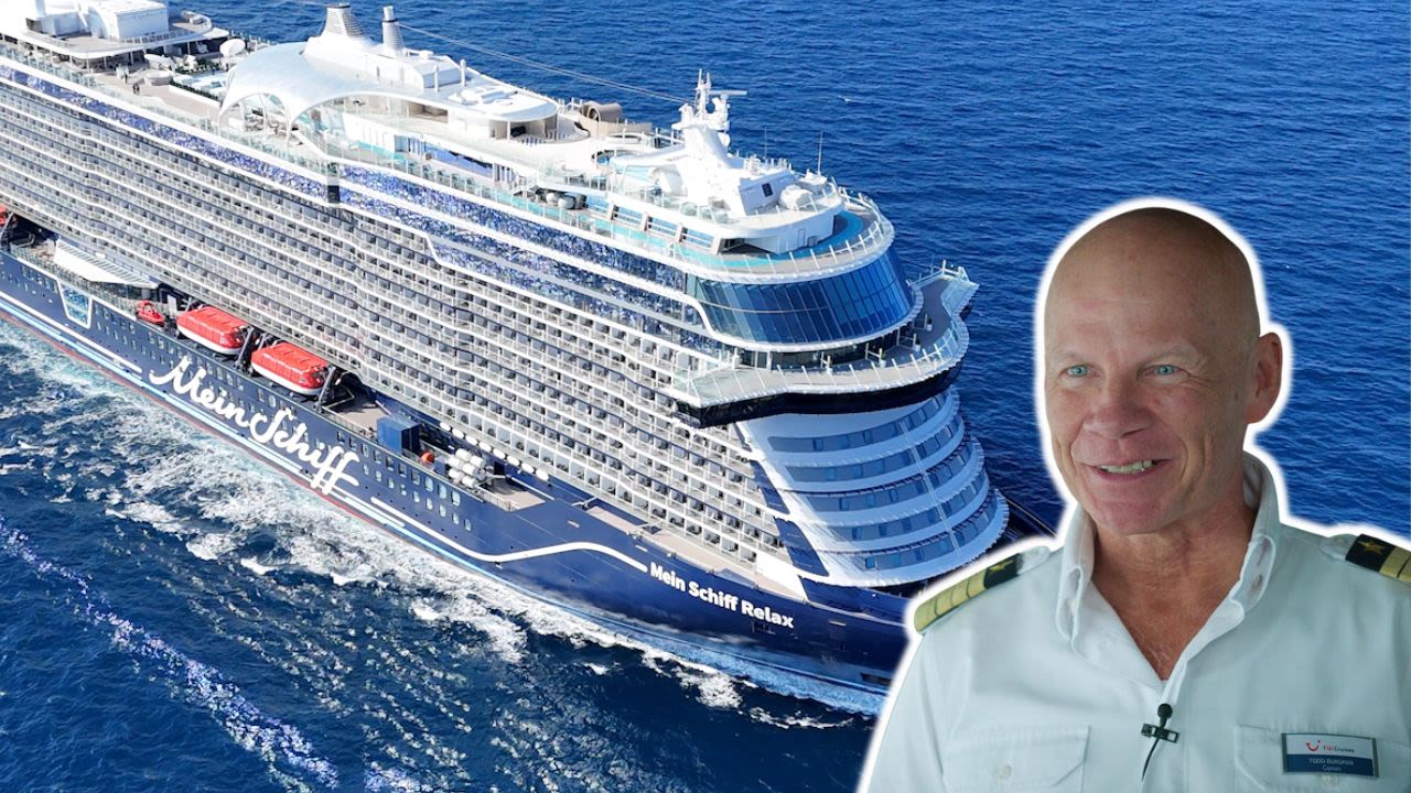 Kreuzfahrtschiff der Mein Schiff® Flotte auf blauem Meer, lächelnder Kapitän Todd Burgman