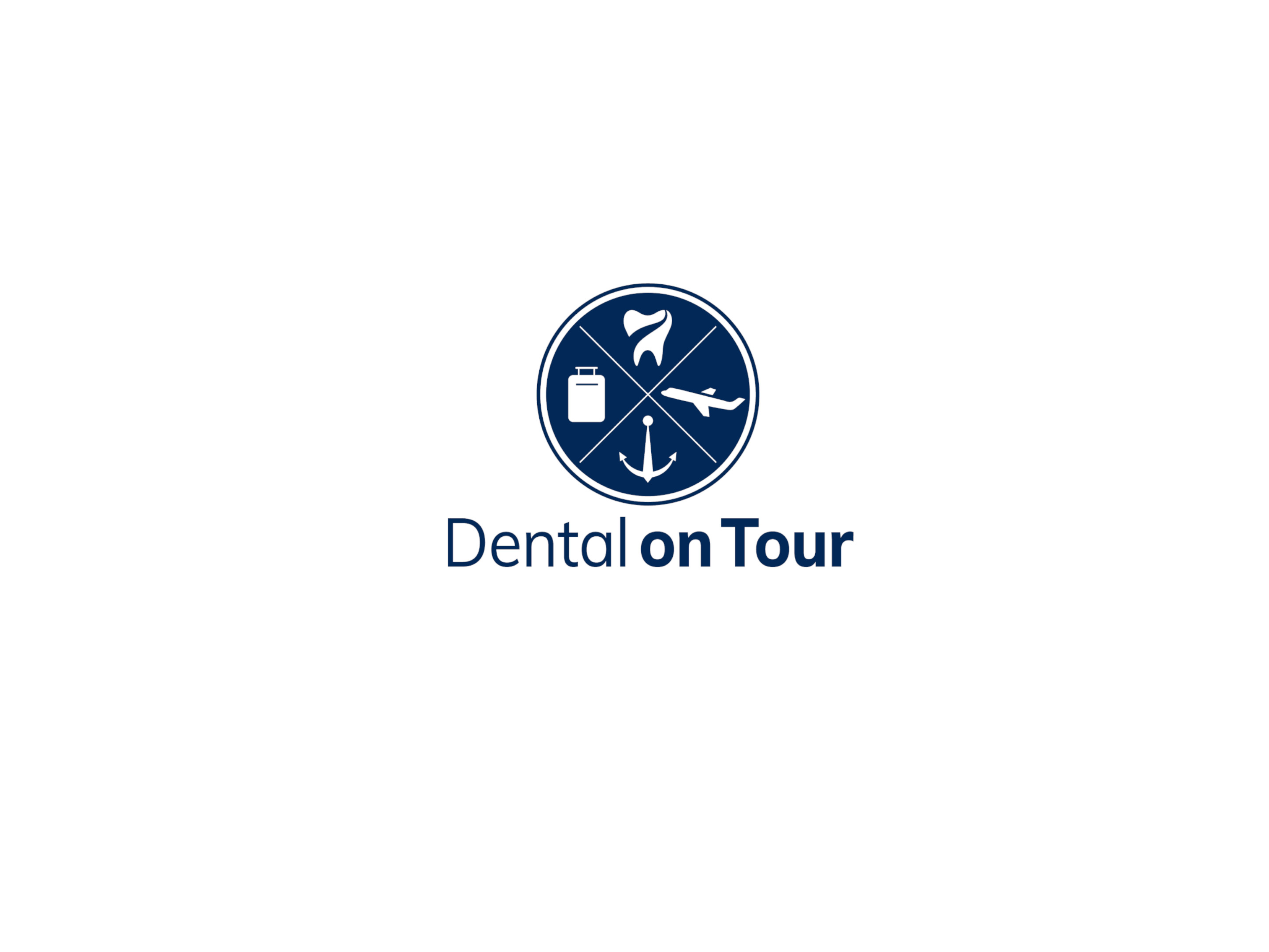 Dental on tour Logo mit Zahn, Anker, Flugzeug, Koffer, Text "Dental on Tour".