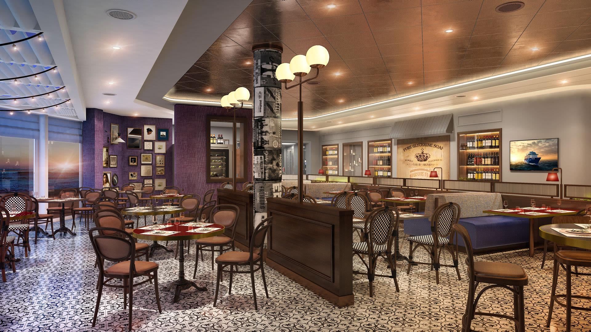 Elegantes Restaurant mit Holzmöbeln, Fliesenboden, Kunstwerken und Meerblick.