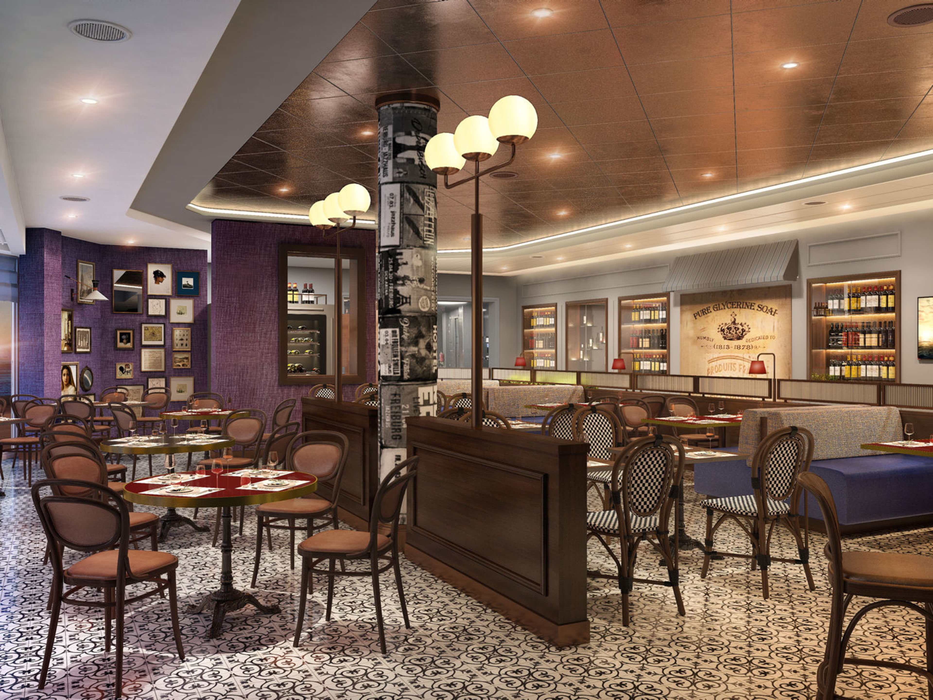 Mein Schiff Relax Rendering - Highlight Restaurants - Sur Mer Elegantes Restaurant mit Holzmöbeln, Fliesenboden, Kunstwerken und Meerblick.