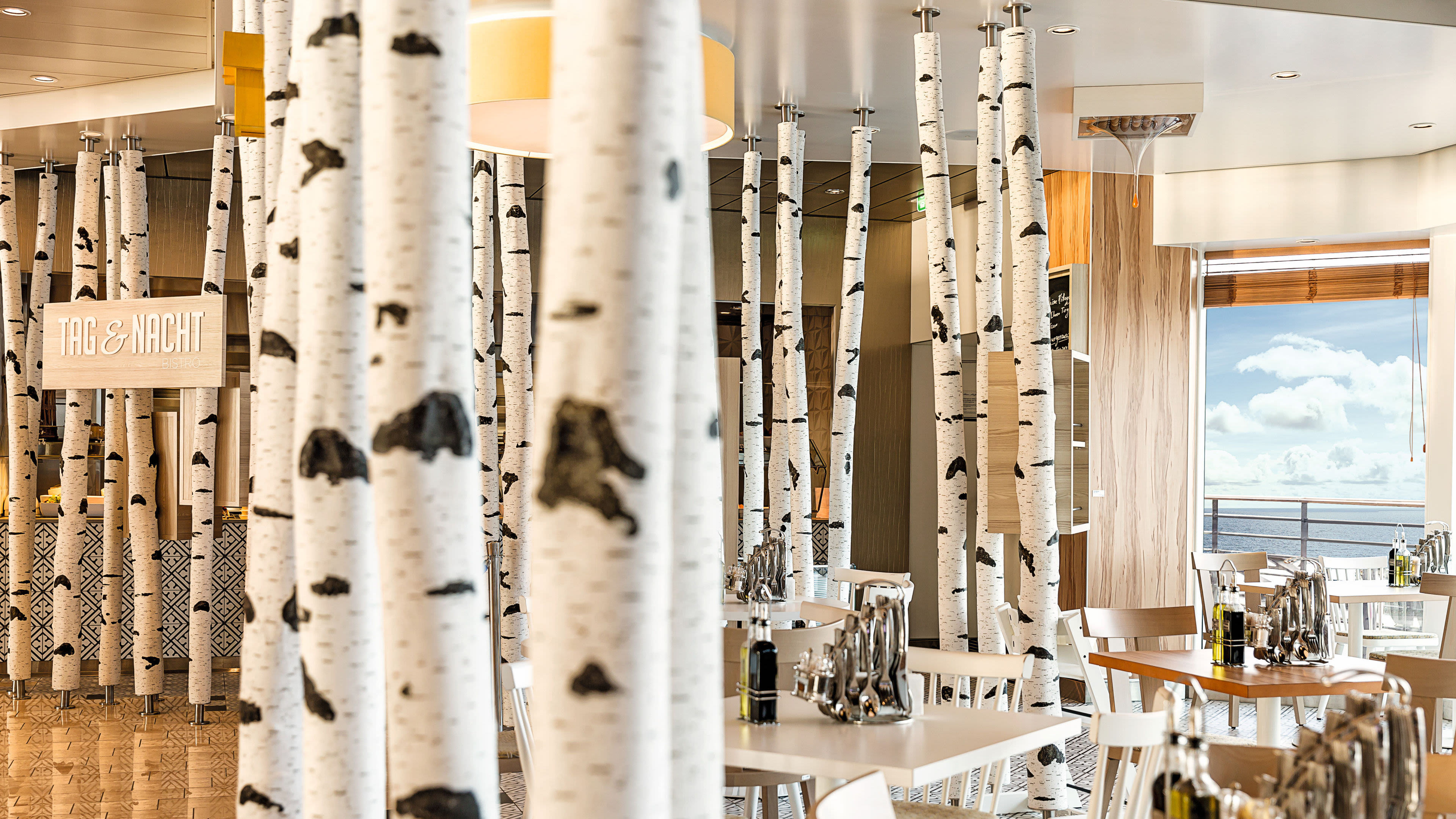 Restaurant mit Birkenstämmen, Meerblick, helle Einrichtung, Tag & Nacht Bistro.