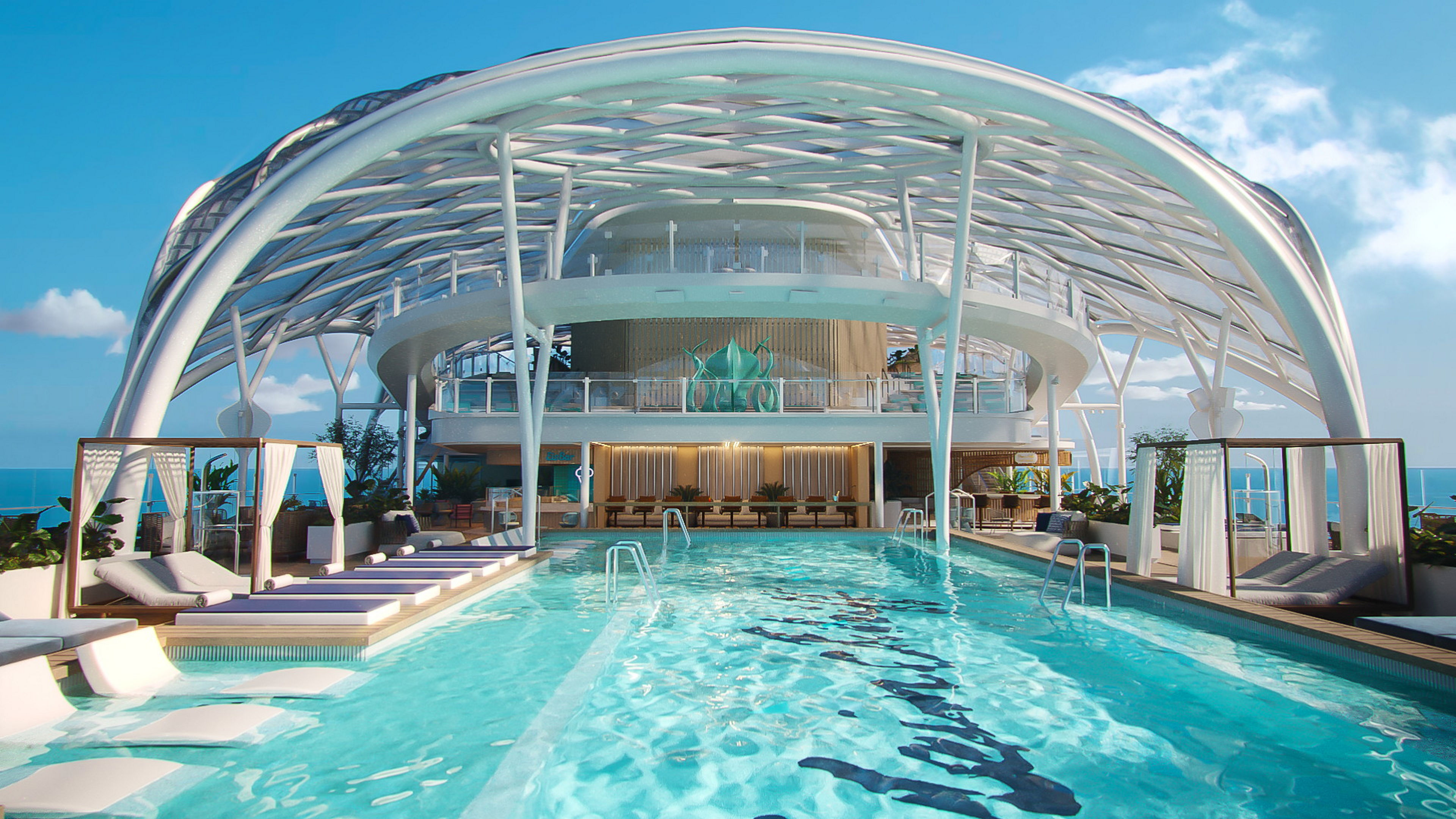 Pooldeck auf Kreuzfahrtschiff der Mein Schiff® Flotte, modernes Design, blauer Himmel.