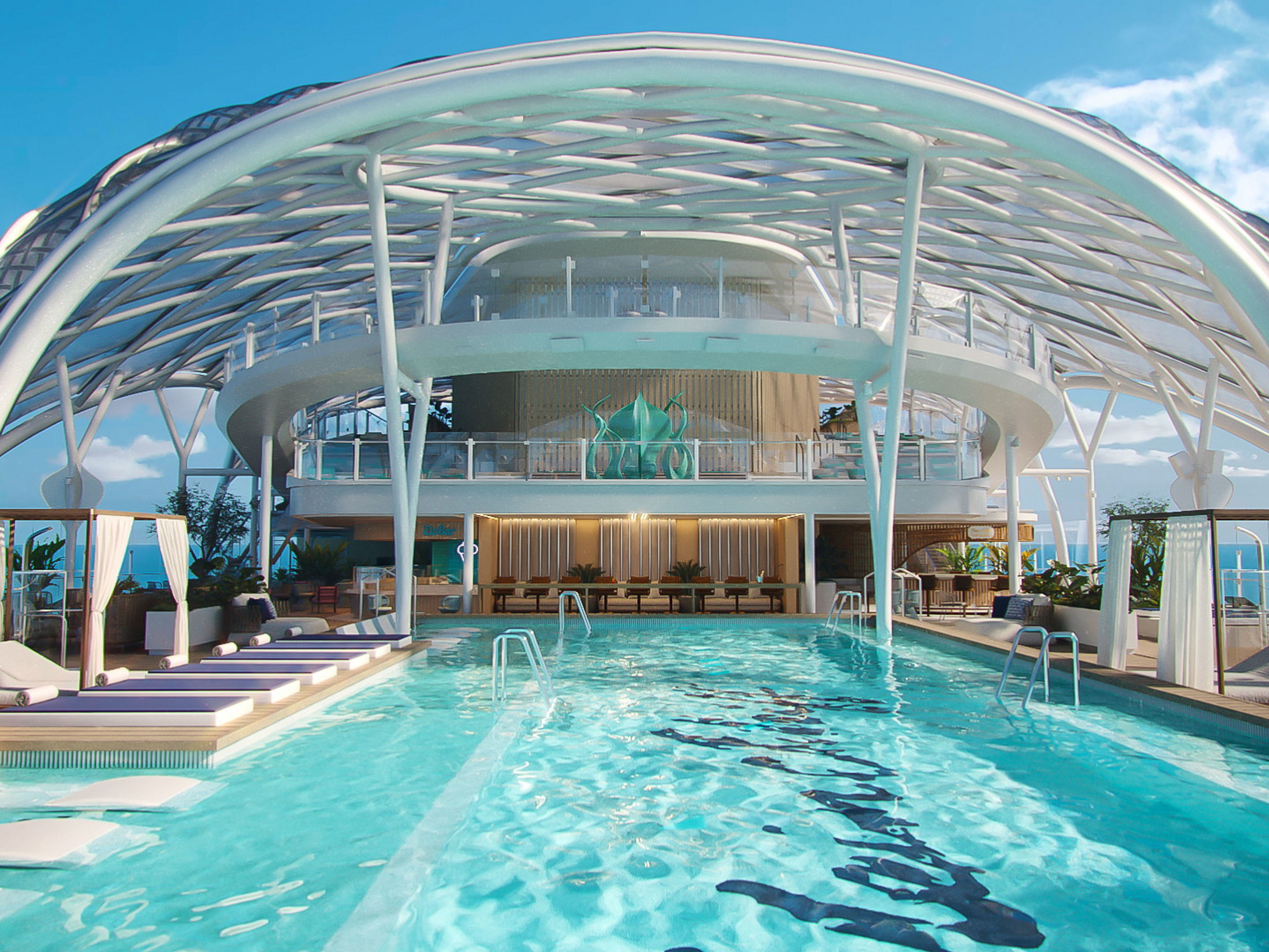 Mein Schiff Flow Pool - Rendering Pooldeck auf Kreuzfahrtschiff der Mein Schiff® Flotte, modernes Design, blauer Himmel.