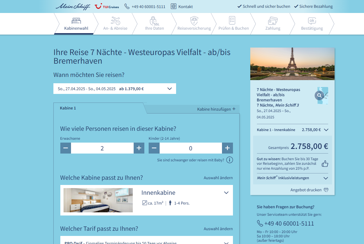 Buchungsseite für Kreuzfahrt ab Bremerhaven, Mein Schiff® Flotte, Eiffelturm-Bild.