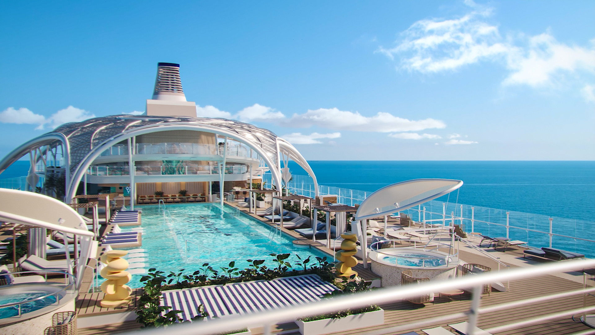 Kreuzfahrtschiff-Pooldeck mit Meerblick, blauer Himmel, Sonnendeck.