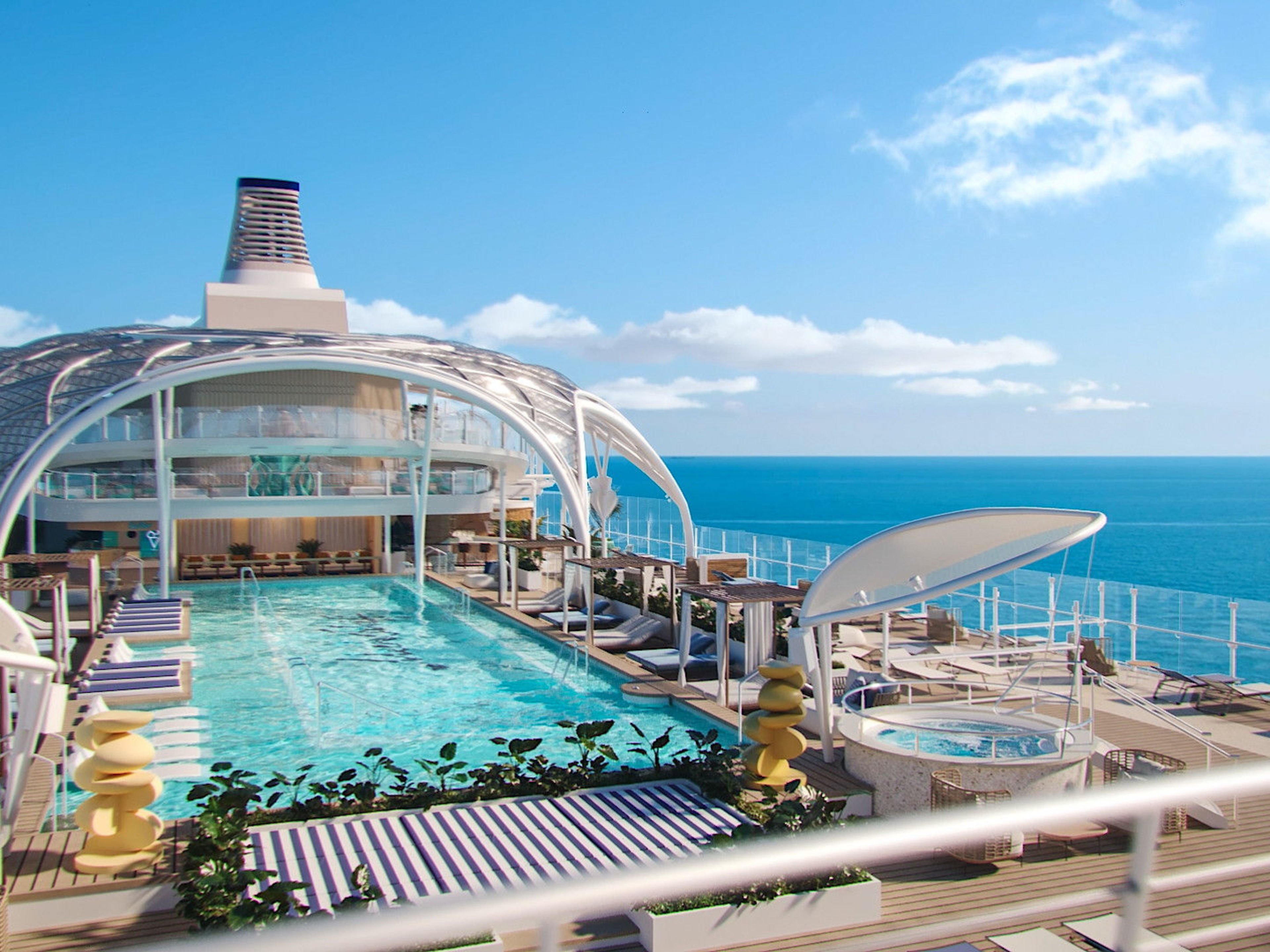 Mein Schiff Flow Pooldeck Kreuzfahrtschiff-Pooldeck mit Meerblick, blauer Himmel, Sonnendeck.