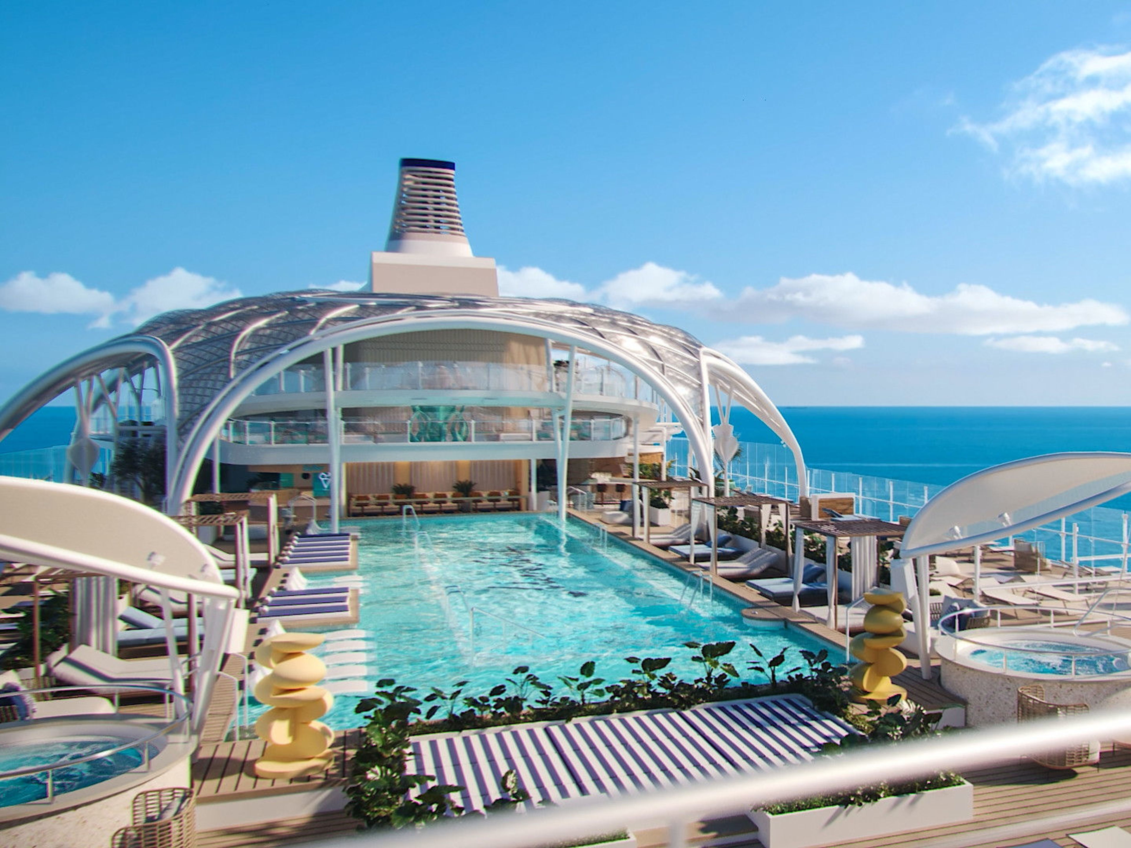 Mein Schiff Flow Pooldeck Kreuzfahrtschiff-Pooldeck mit Meerblick, blauer Himmel, Sonnendeck.