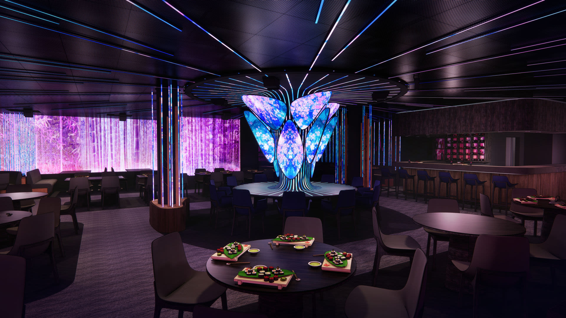 Futuristisches Restaurant mit leuchtendem Dekor und Sushi-Tischen.