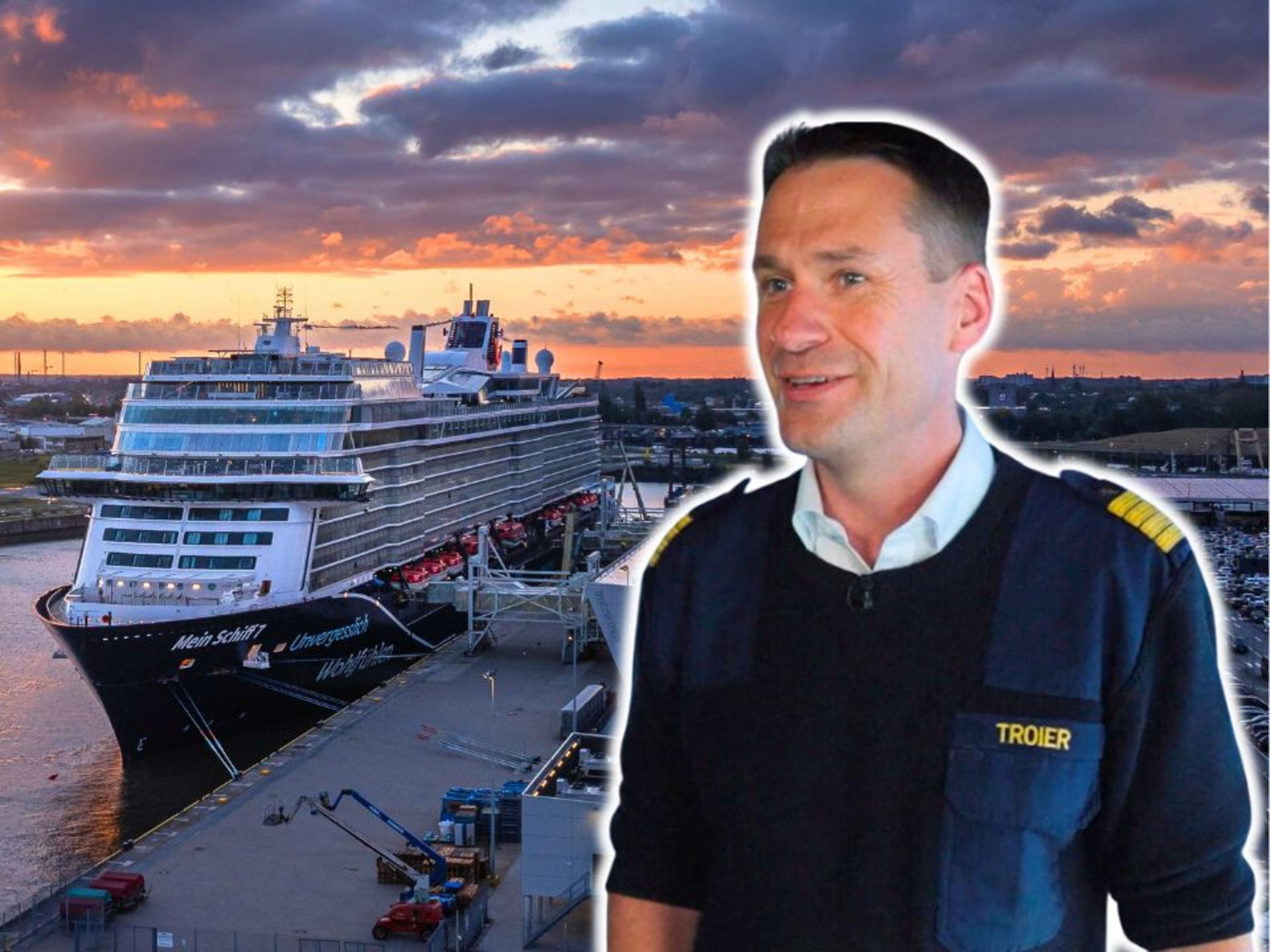 Jens Troier Kreuzfahrtschiff der Mein Schiff® Flotte bei Sonnenuntergang im Hafen, Kapitän im Vordergrund.