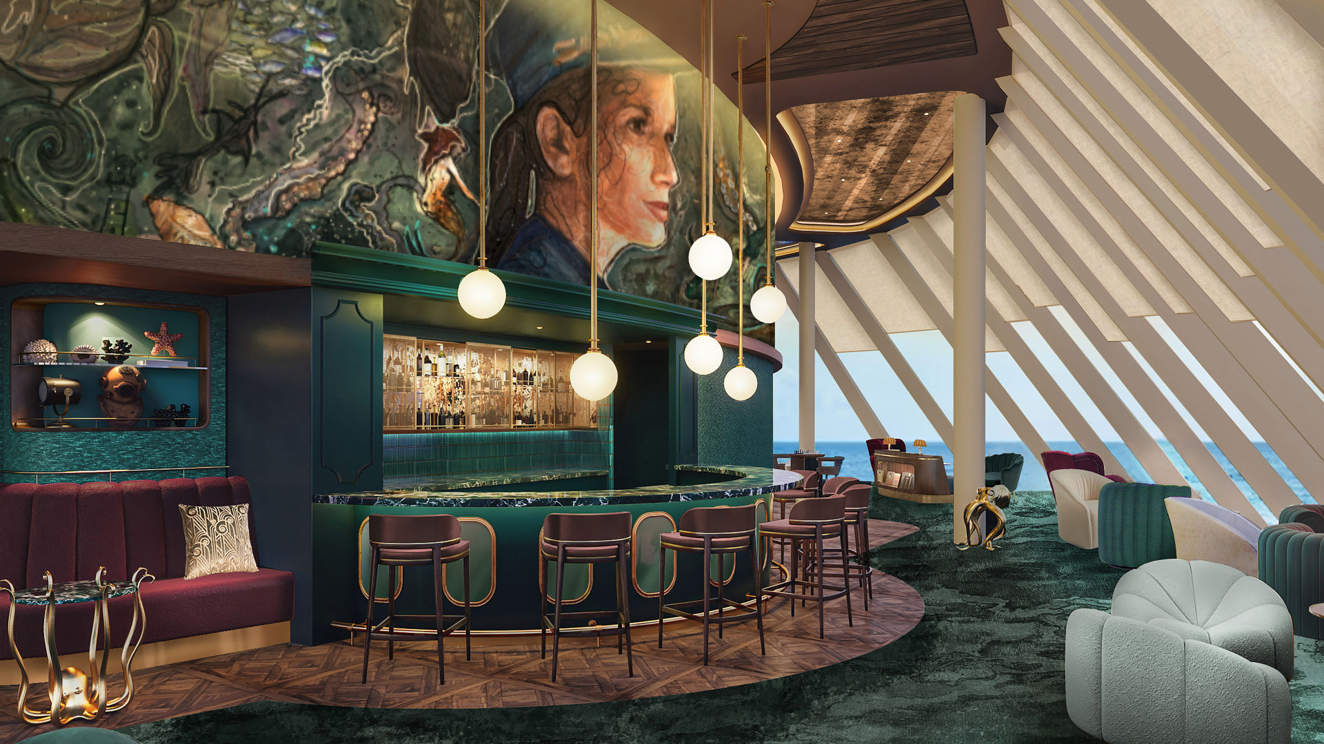 Elegante Bar mit Kunstwerk, grünen und violetten Möbeln, Meerblick.