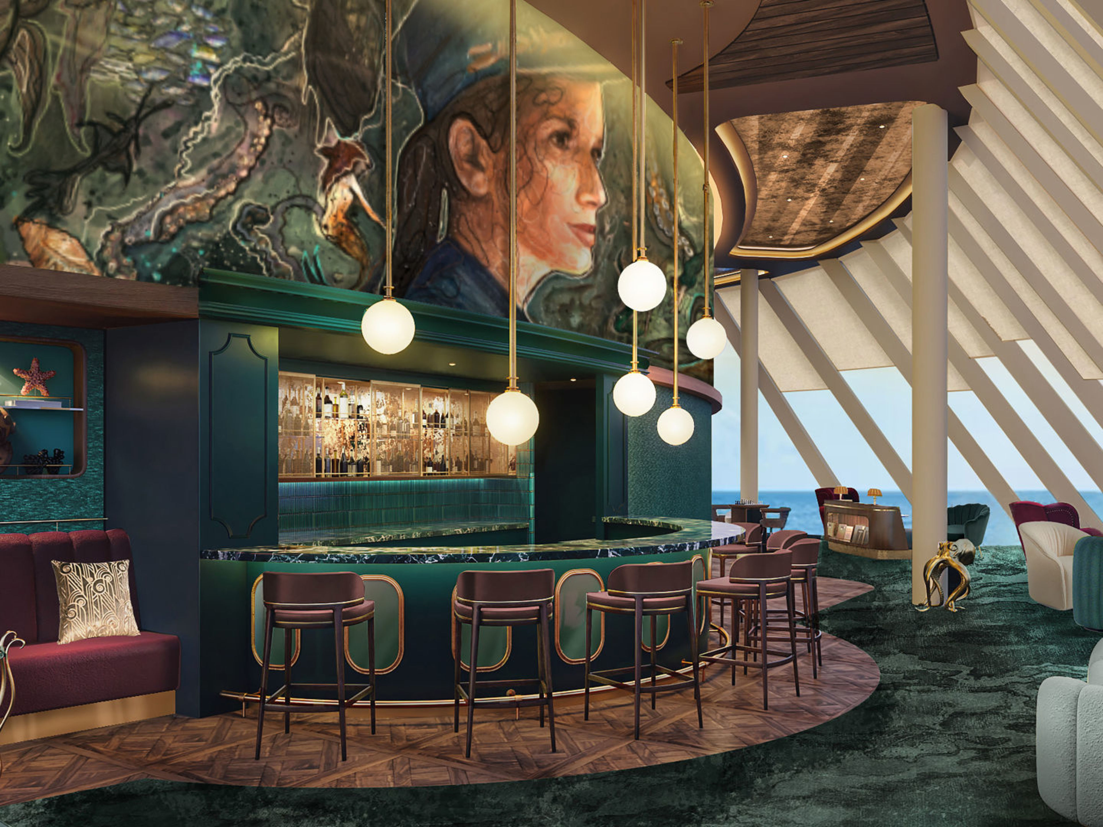 Rendering der Captain-s Bar Mein Schiff Flow Elegante Bar mit Kunstwerk, grünen und violetten Möbeln, Meerblick.