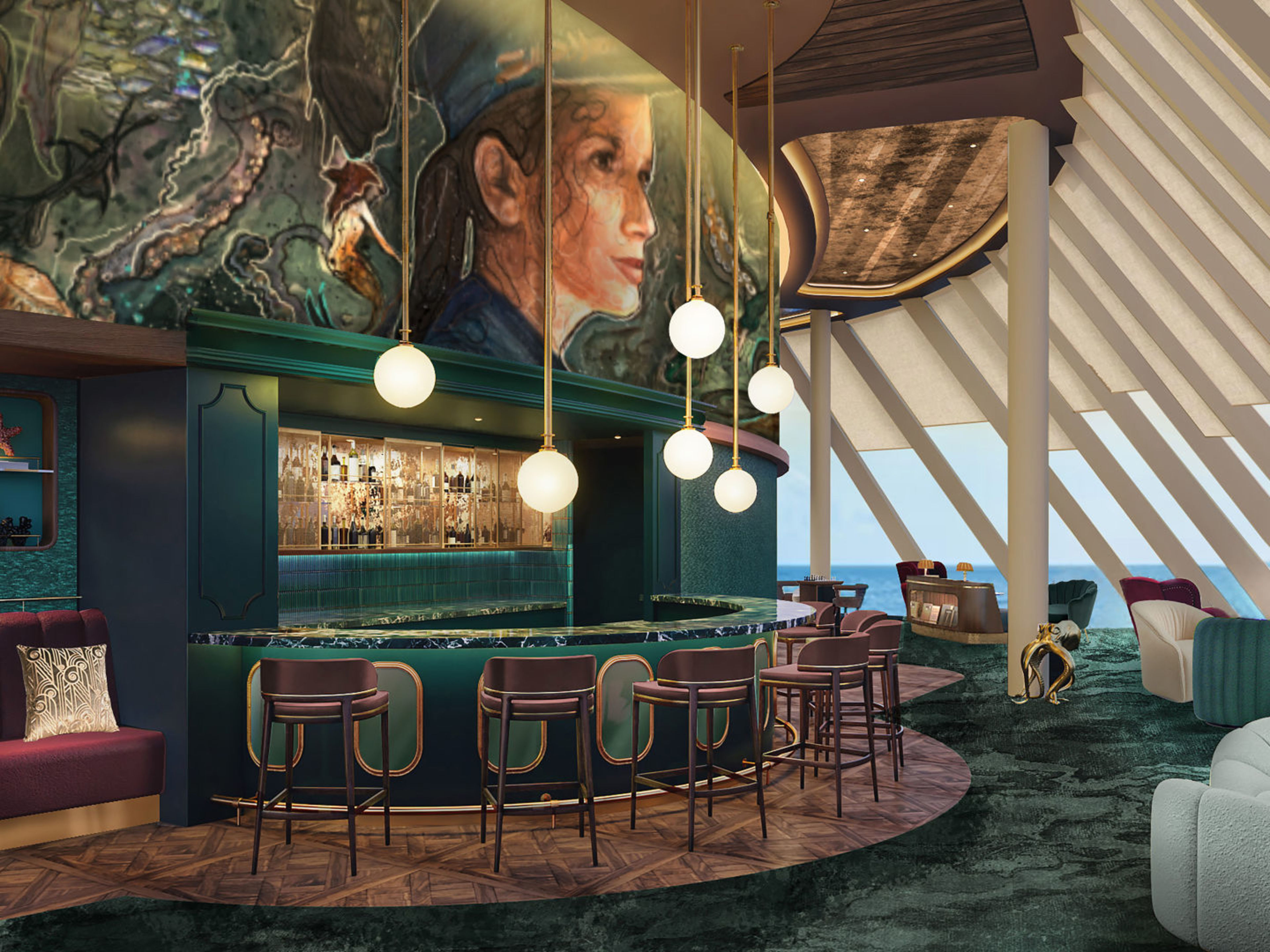 Elegante Bar mit Kunstwerk, grünen und violetten Möbeln, Meerblick. Elegante Bar mit Kunstwerk, grünen und violetten Möbeln, Meerblick.