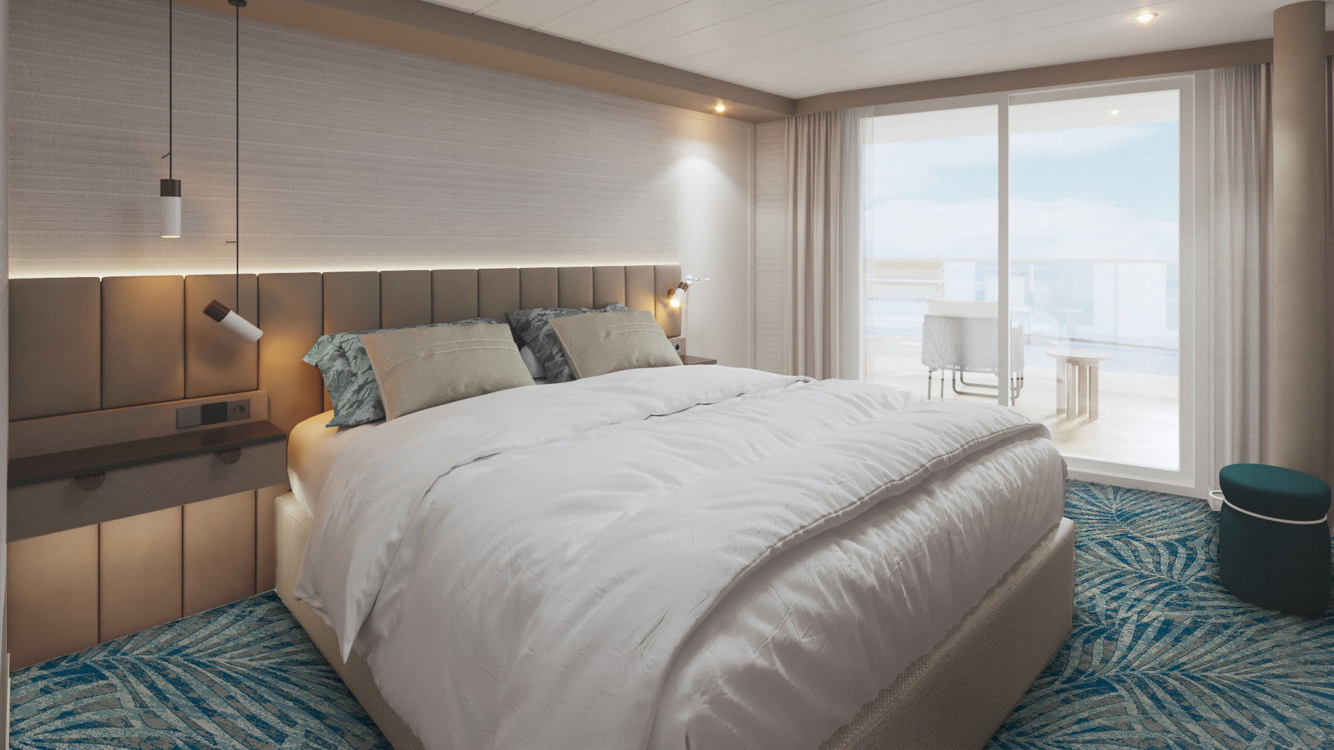 Helles Schlafzimmer mit großem Bett, Balkonblick, modernem Design.