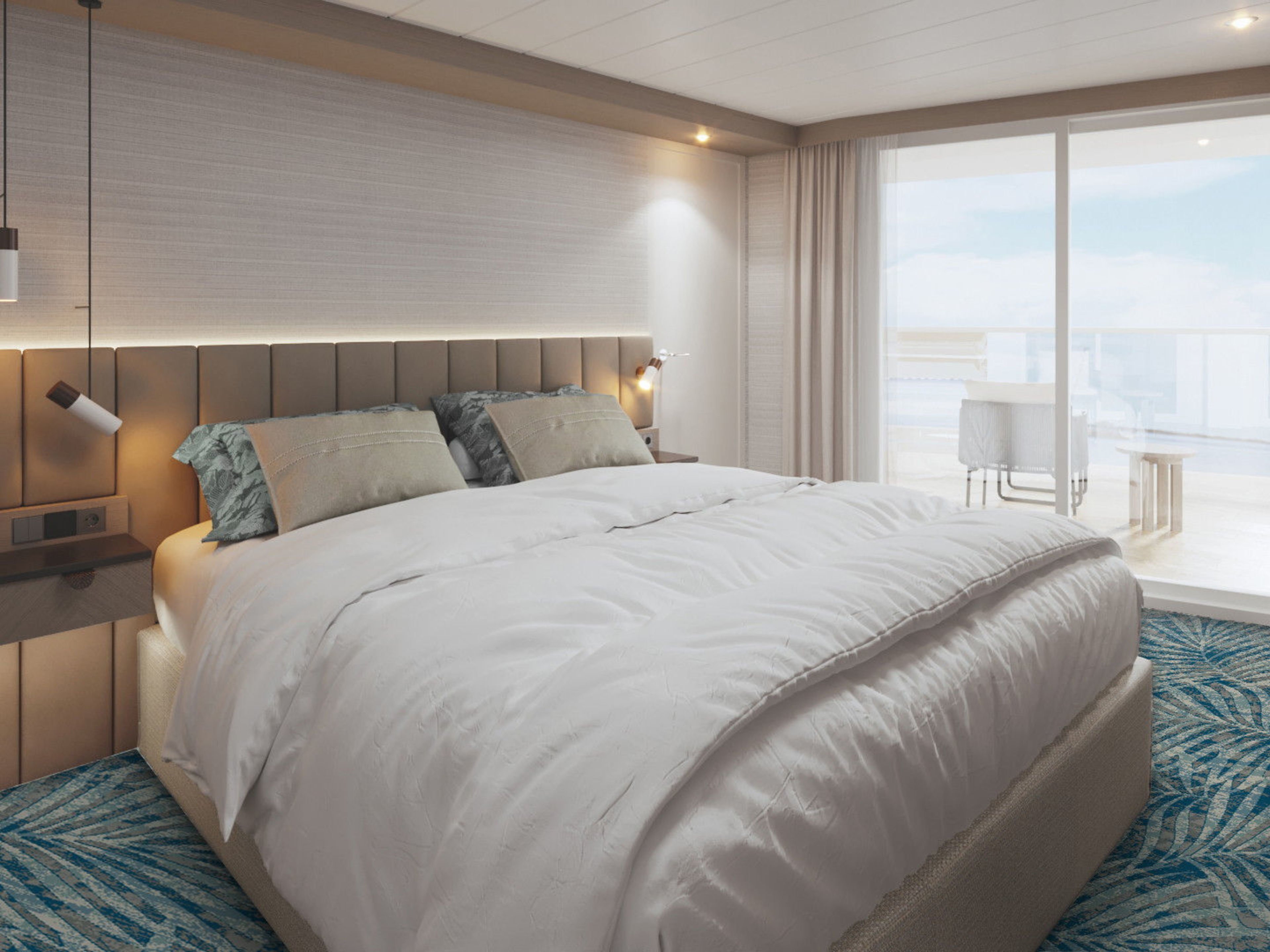 Helles Schlafzimmer mit großem Bett, Balkonblick, modernem Design. Helles Schlafzimmer mit großem Bett, Balkonblick, modernem Design.