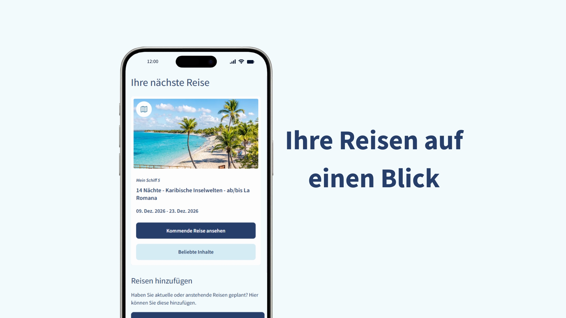 Smartphone zeigt Karibikreise mit Palmenstrand, blauer Himmel, Meer.