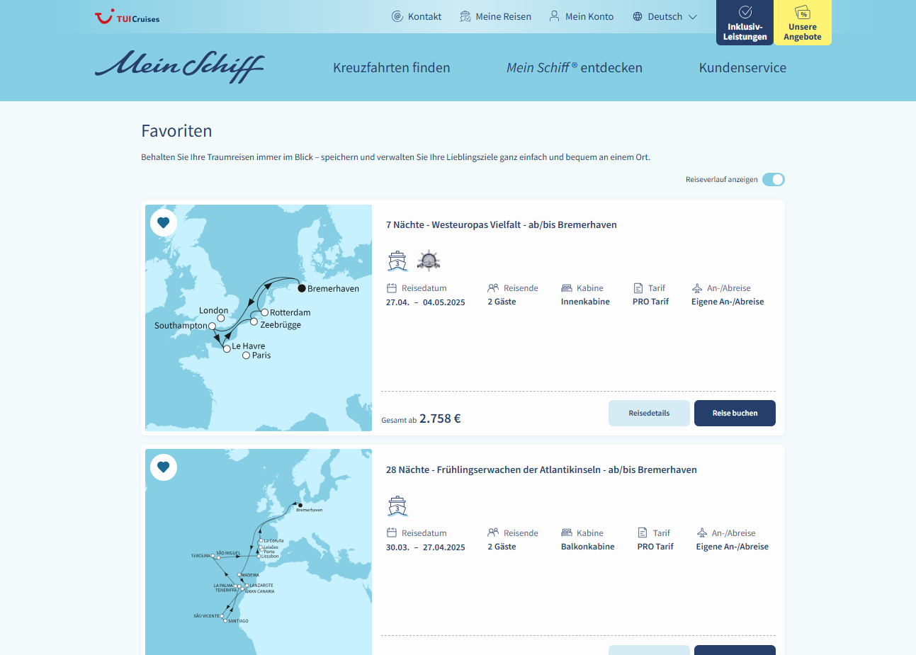 Kreuzfahrtkarte mit Route ab Bremerhaven, Städte: London, Paris, Rotterdam.