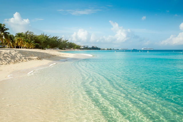 Strand mit Palmen und klarem Wasser, blauer Himmel.