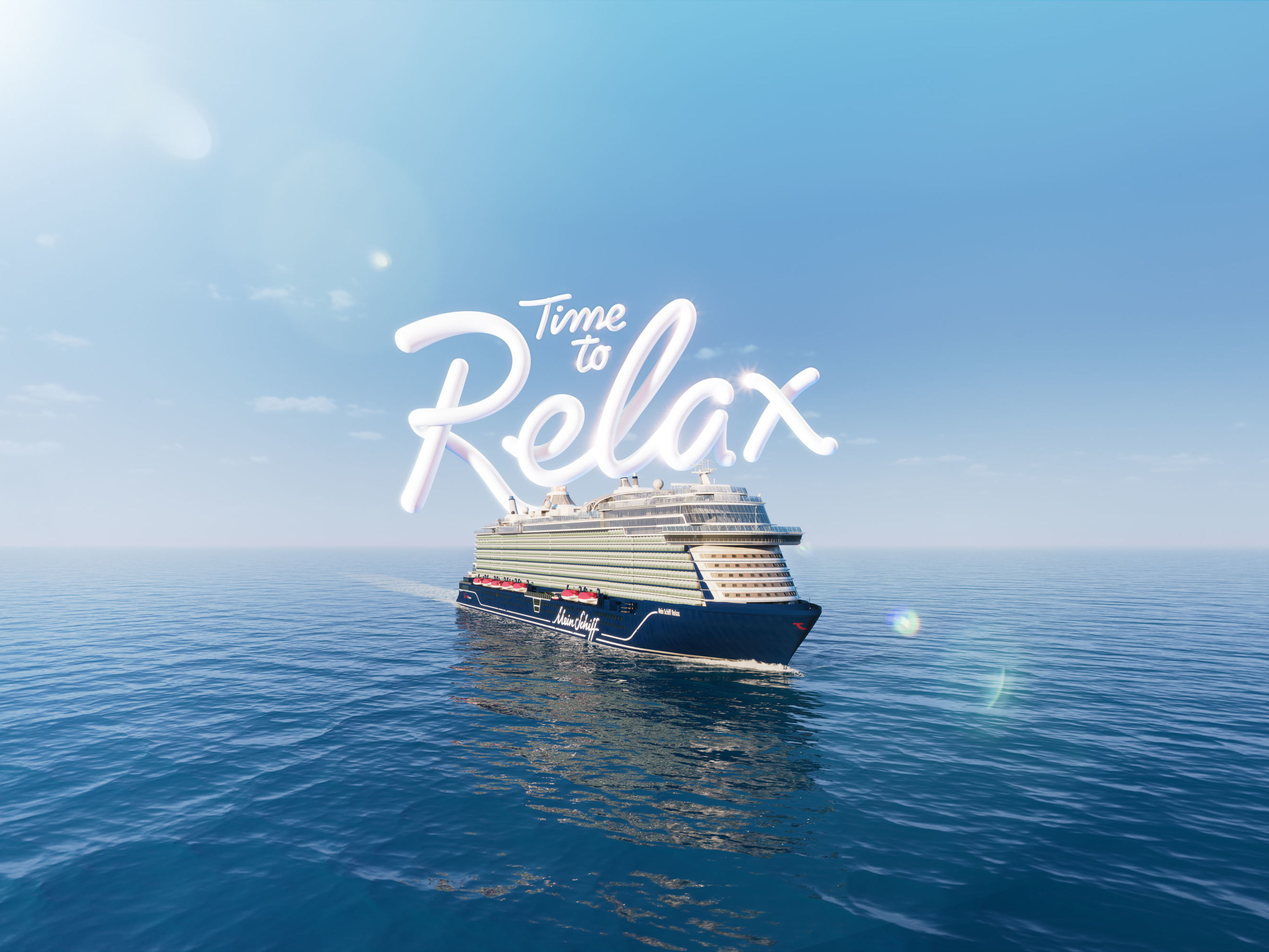 Taufe Mein Schiff Relax Kreuzfahrtschiff der Mein Schiff® Flotte auf offenem Meer, blauer Himmel.