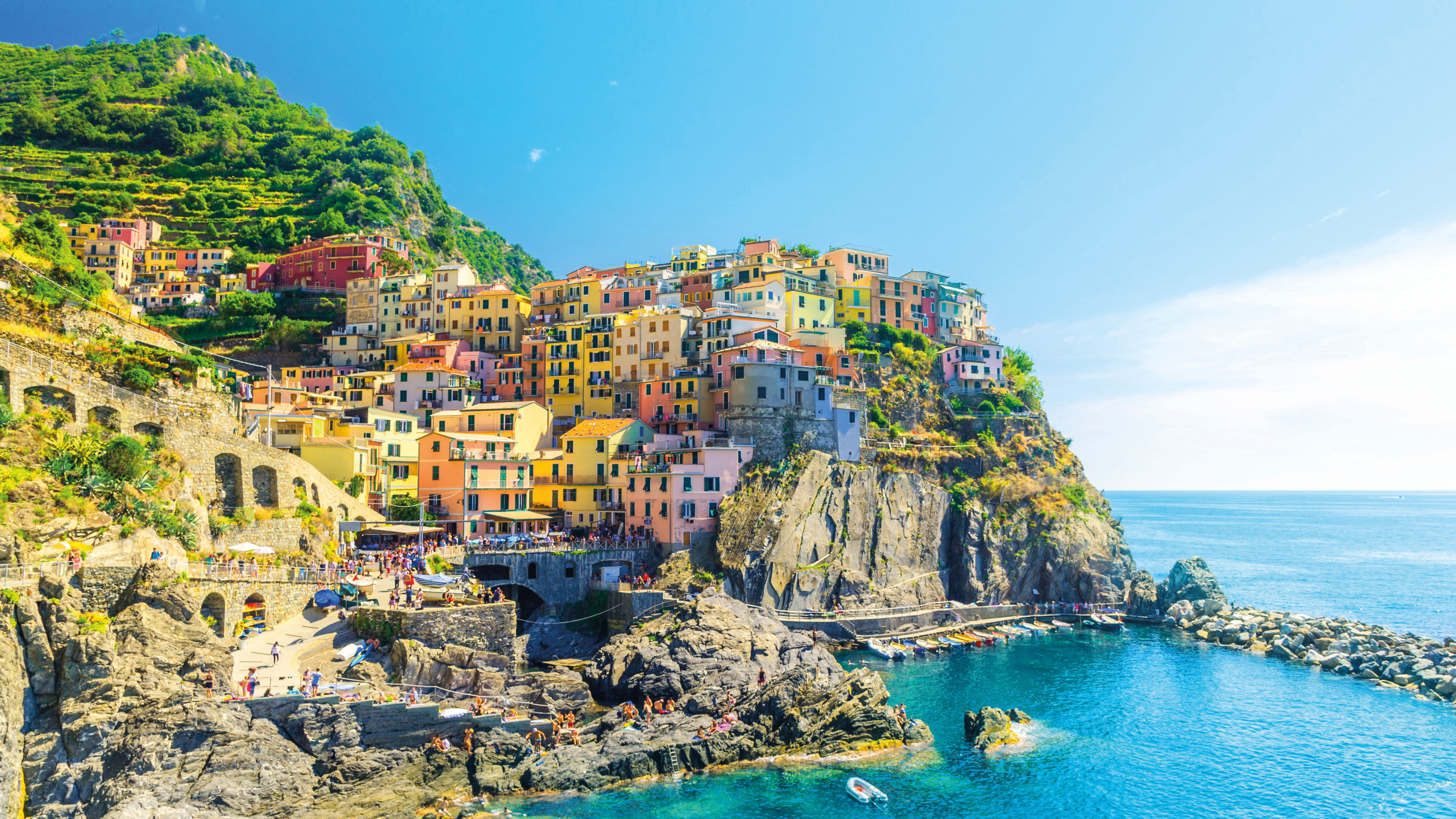 Bunte Häuser auf Klippen in Manarola, Cinque Terre, Italien.