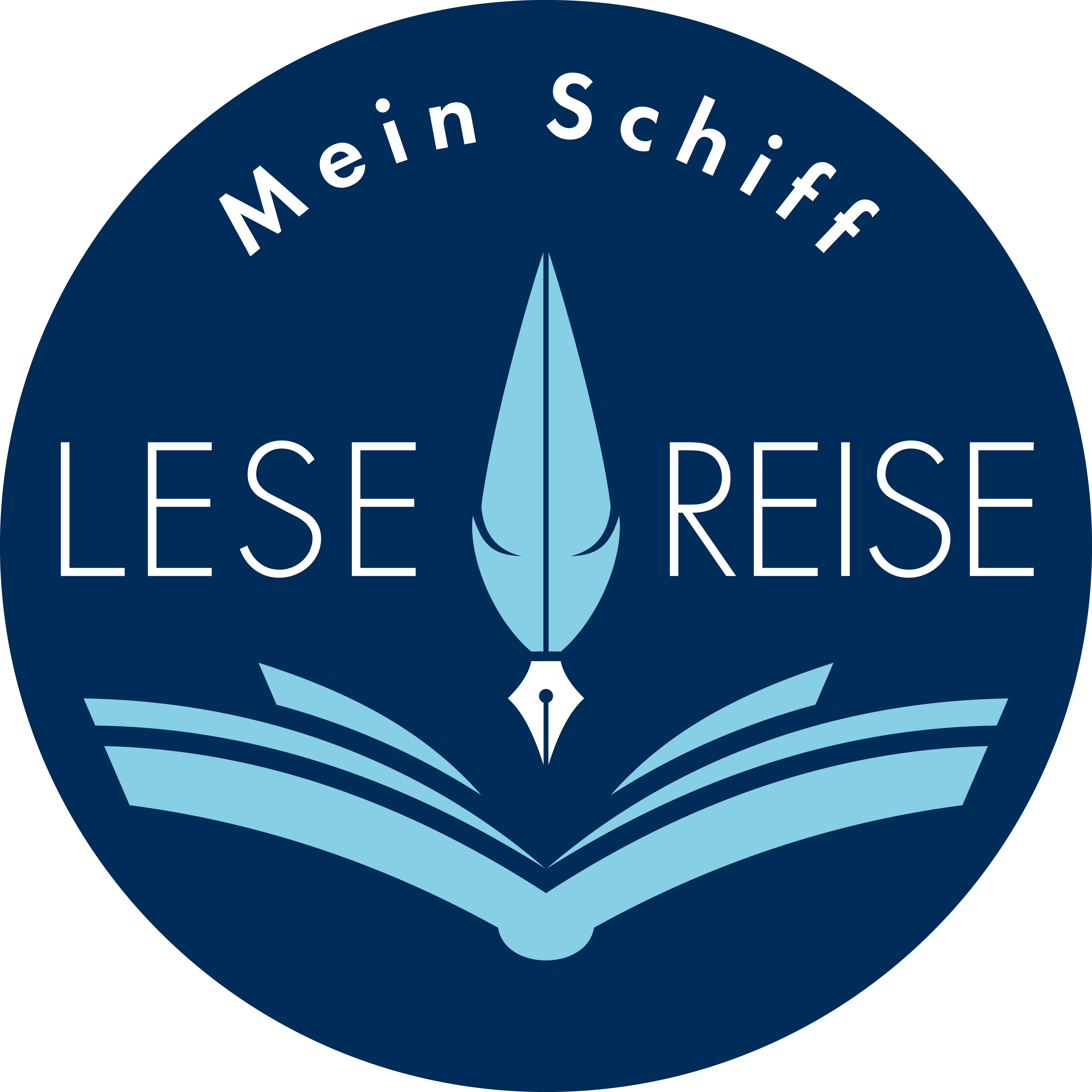 Blaues Logo mit Feder und Buch, Text "Mein Schiff Lesereise". Blaues Logo mit Feder und Buch, Text "Mein Schiff Lesereise".
