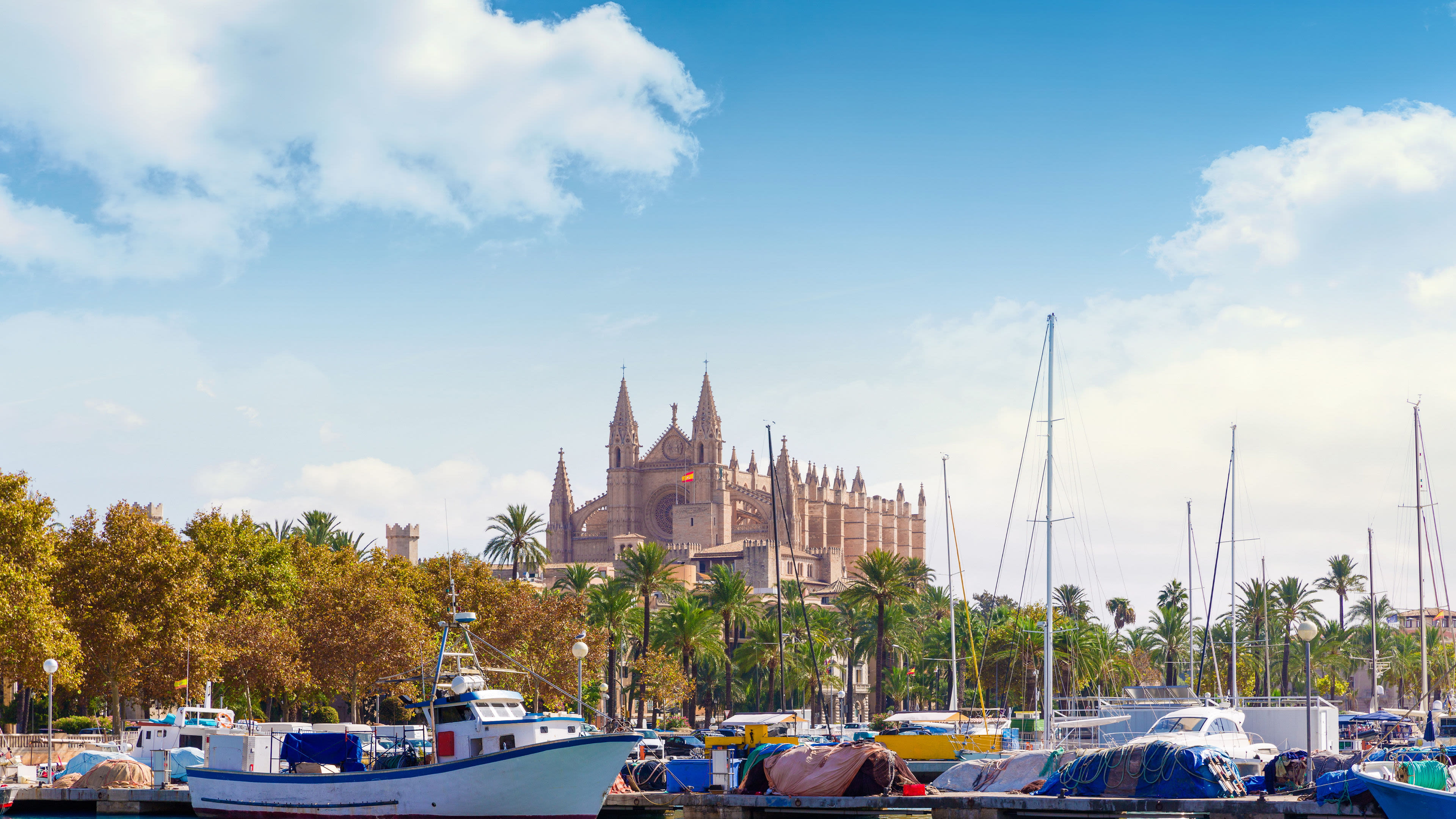 Kathedrale von Palma, Boote im Hafen, blauer Himmel. Kathedrale von Palma, Boote im Hafen, blauer Himmel.