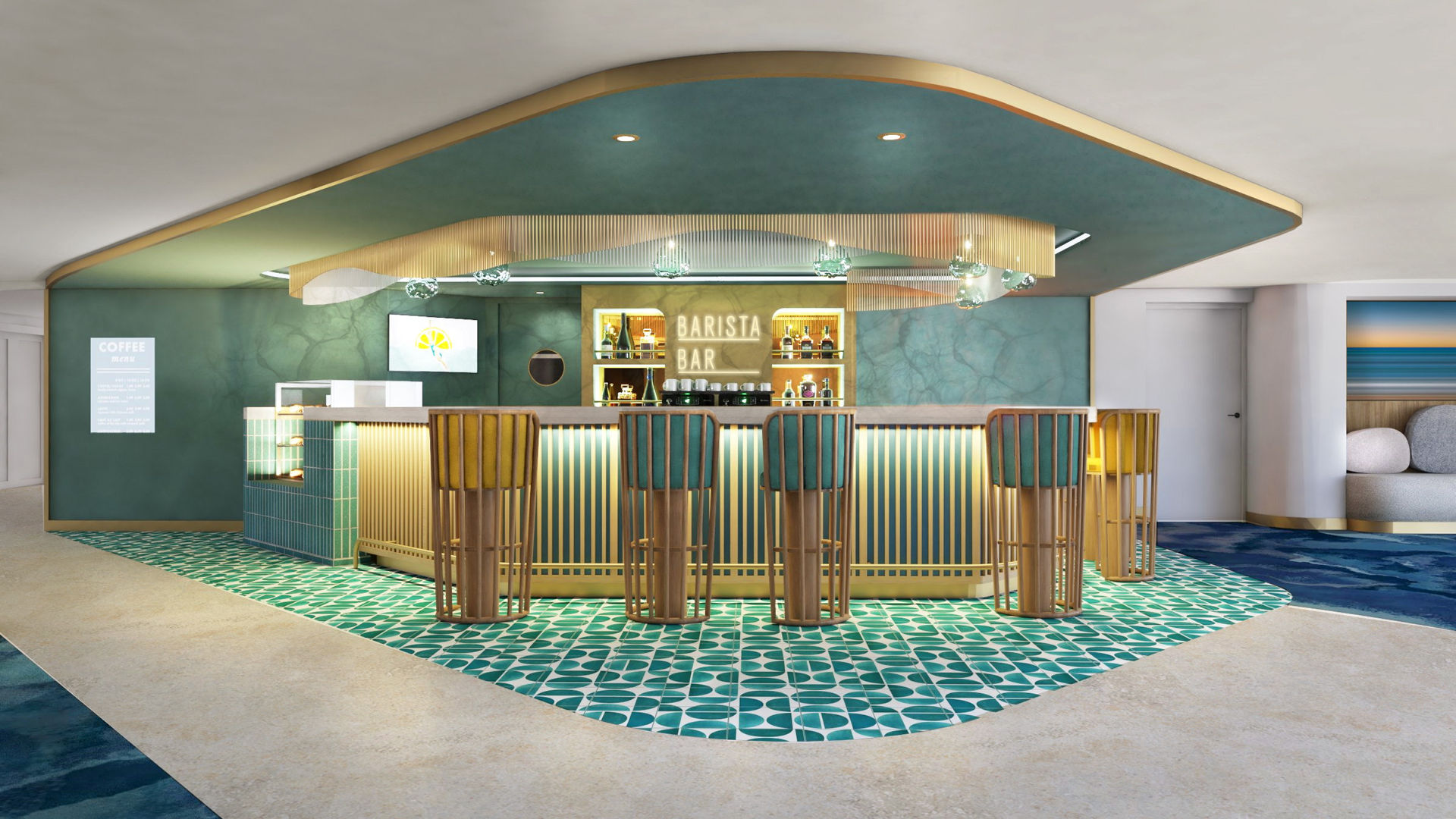 Barista-Bar mit türkisfarbenen Fliesen und Holzhockern.