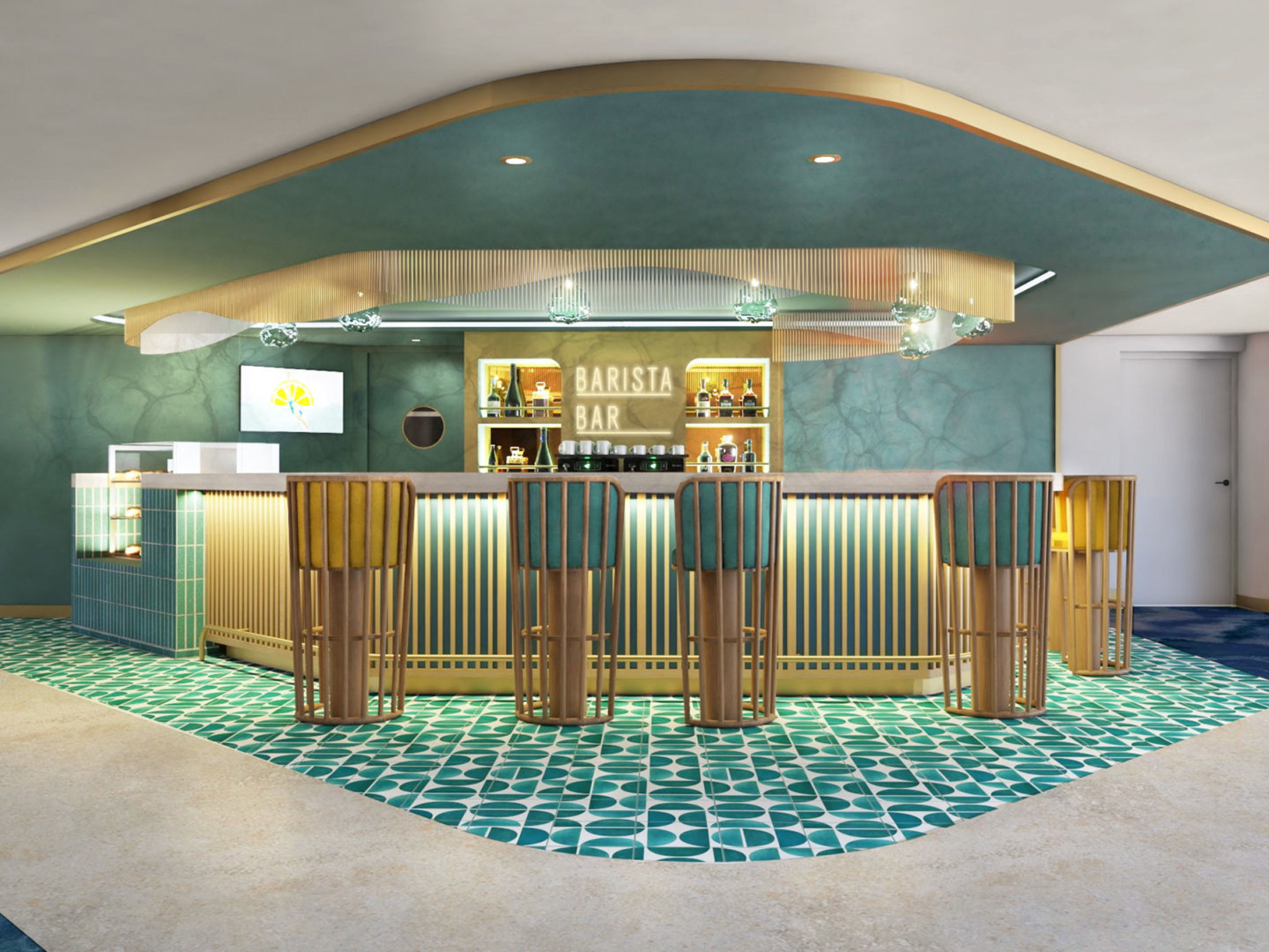 Barista Bar Mein Schiff Flow - Rendering Barista-Bar mit türkisfarbenen Fliesen und Holzhockern.