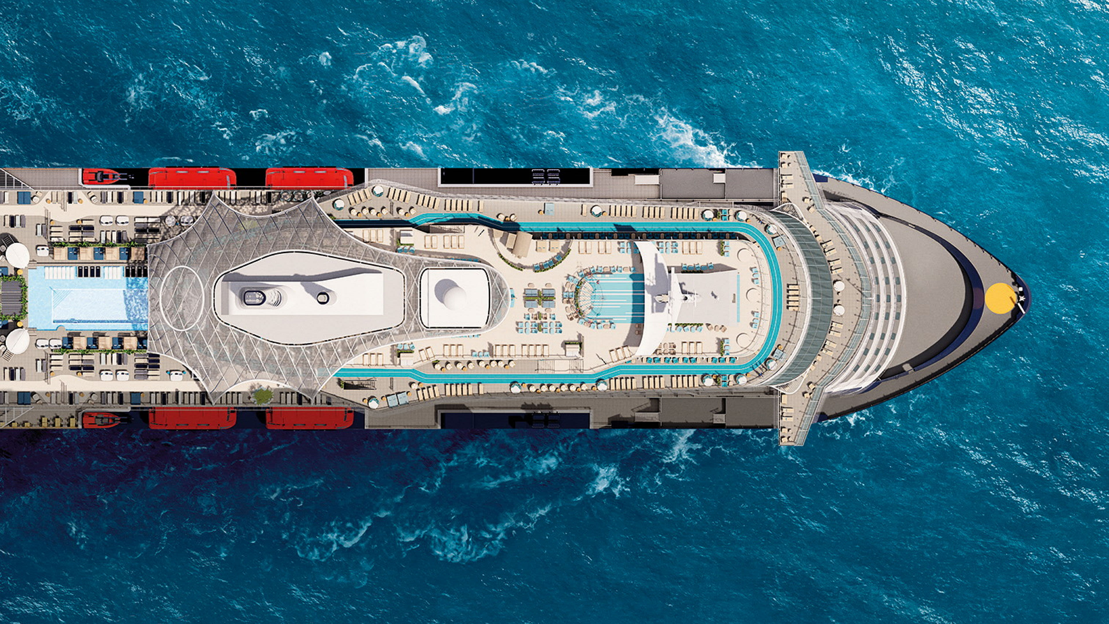 Kreuzfahrtschiff der Mein Schiff® Flotte von oben, blaues Meer.