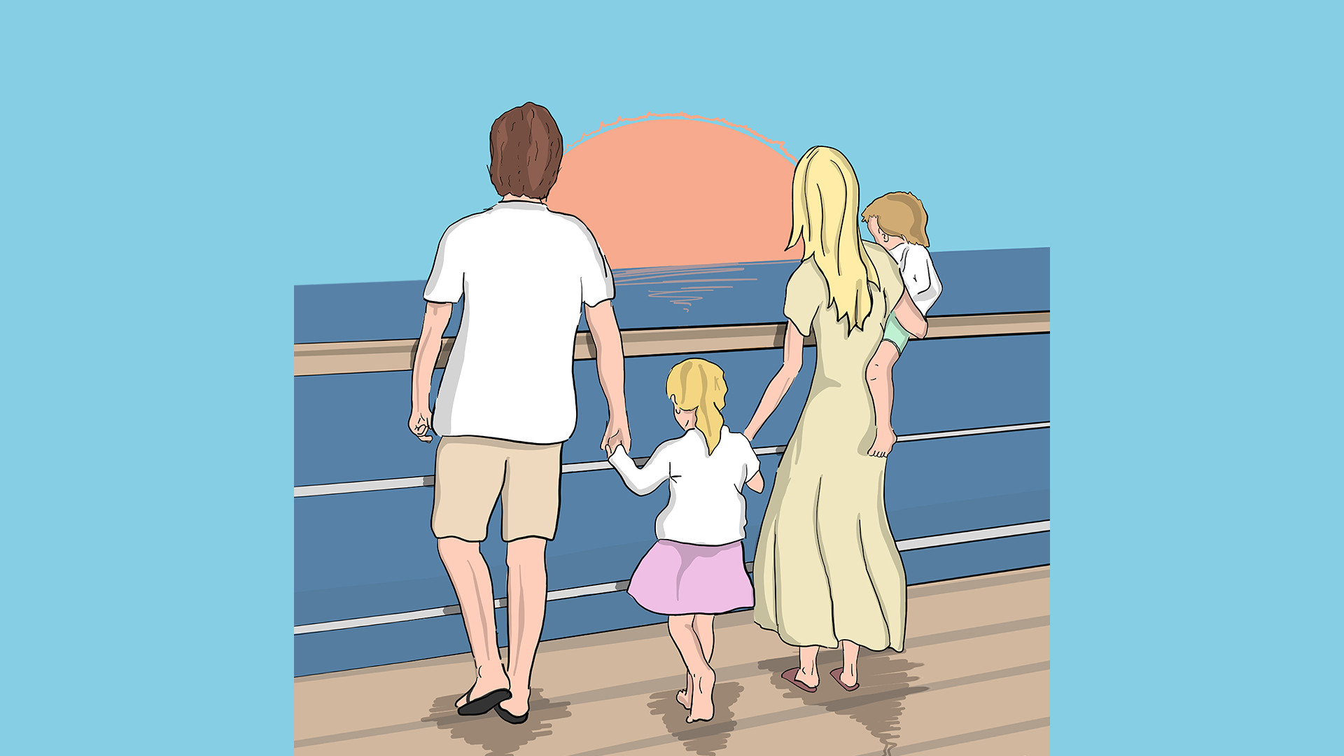 Familie auf Kreuzfahrtschiff bei Sonnenuntergang, Meerblick.