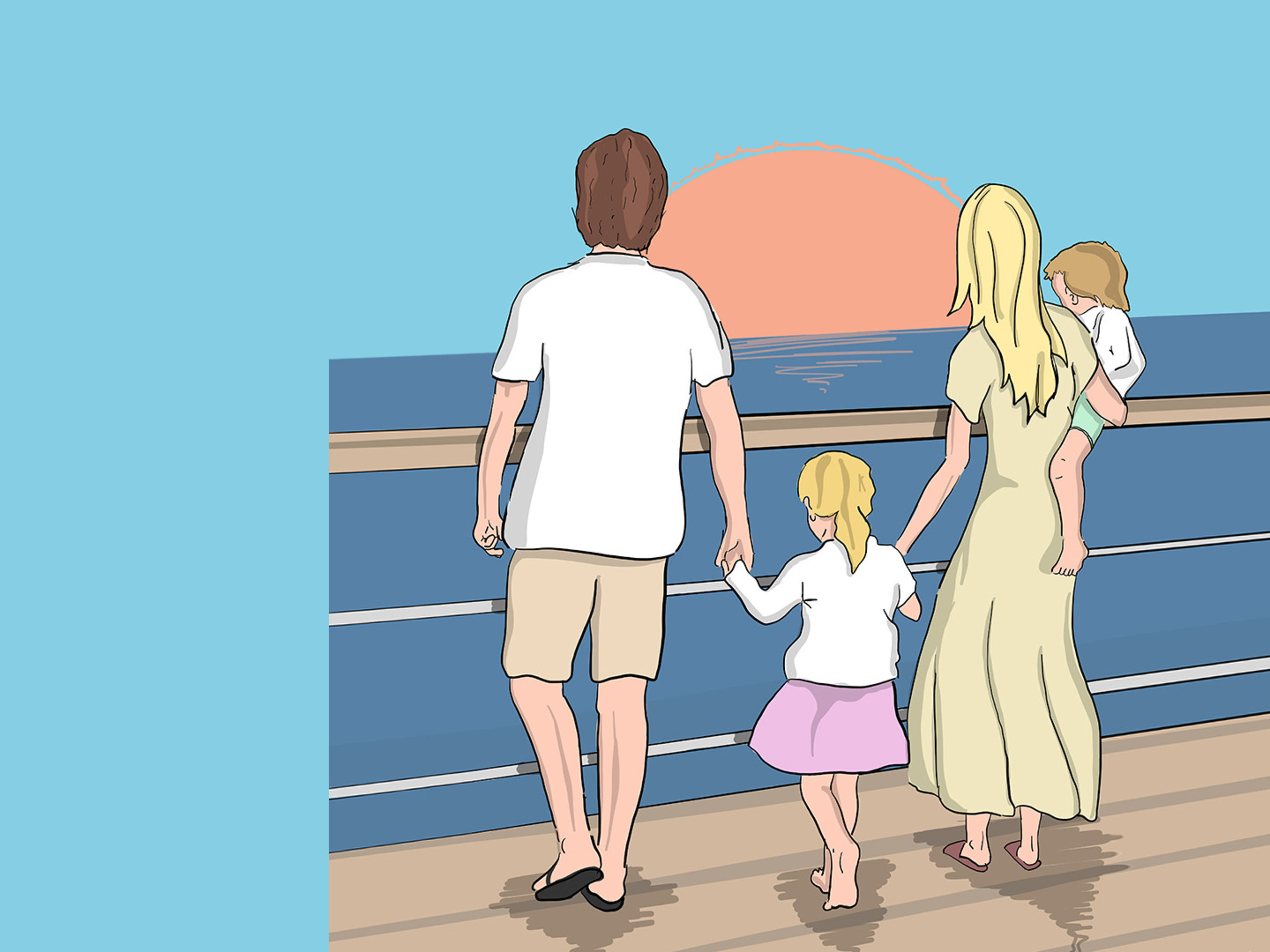 Landstrom Familie auf Kreuzfahrtschiff bei Sonnenuntergang, Meerblick.