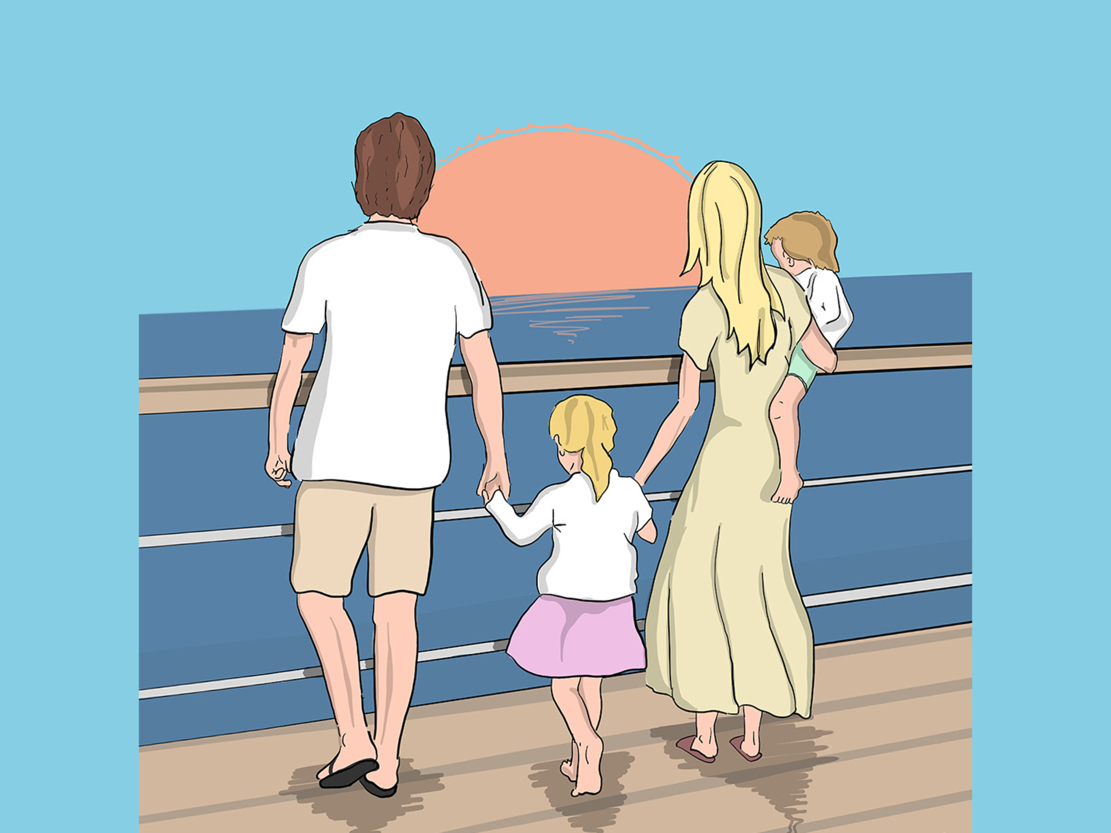 Familie auf Kreuzfahrtschiff bei Sonnenuntergang, Meerblick. Familie auf Kreuzfahrtschiff bei Sonnenuntergang, Meerblick.