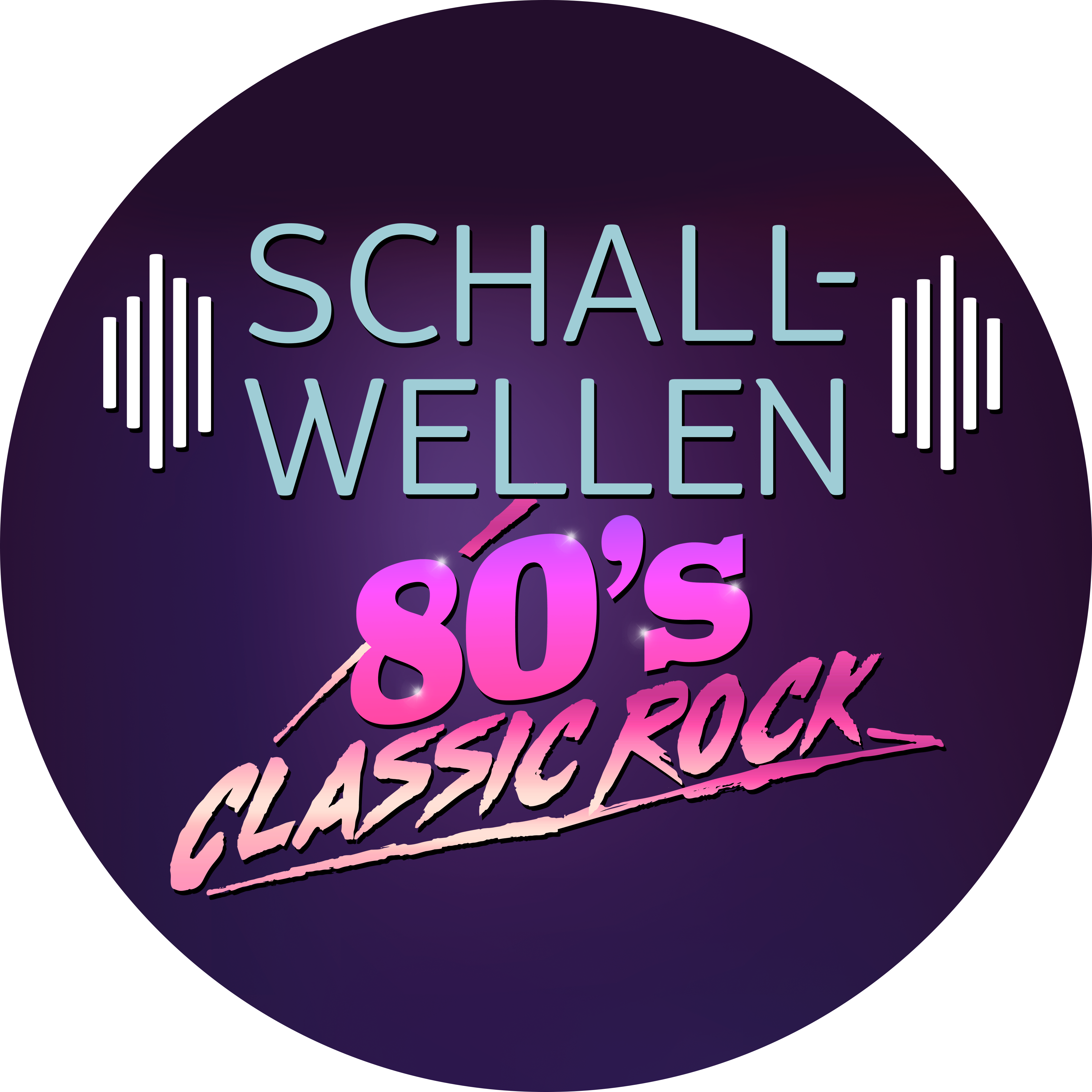Schallwellen-Logo, 80er Classic Rock, lila Hintergrund.