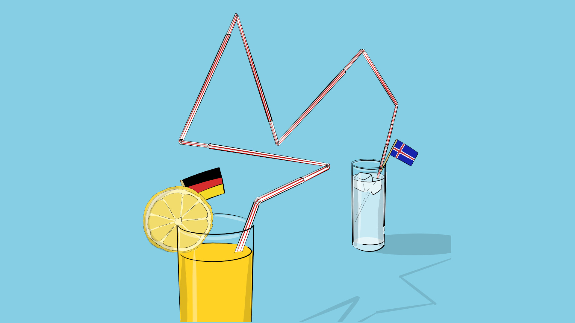 Zwei Gläser mit Flaggen, Zitronenscheibe, blaue Hintergrund.