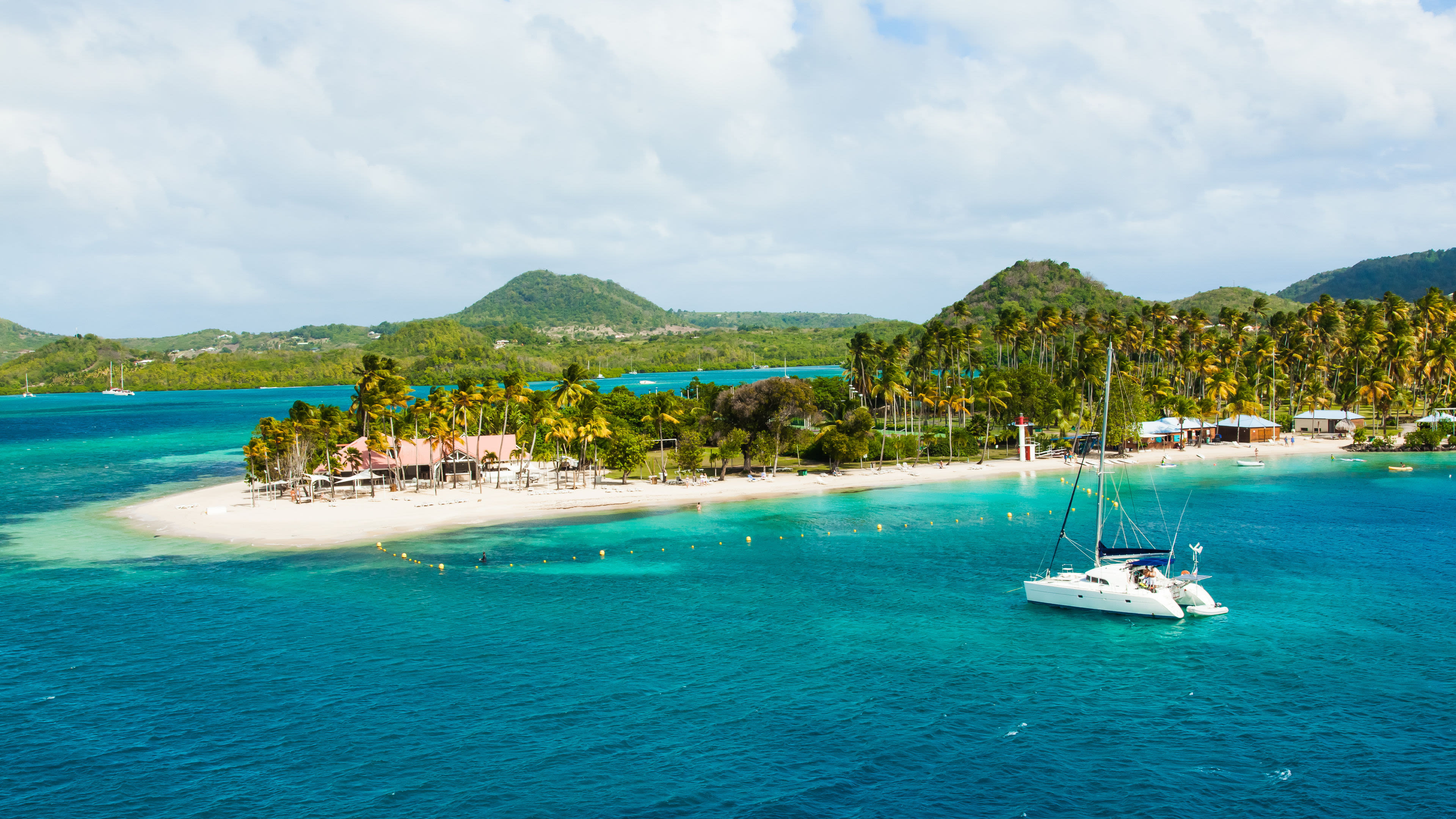 Martinique Karibik Katamaran vor tropischer Insel mit Palmen und türkisfarbenem Wasser.