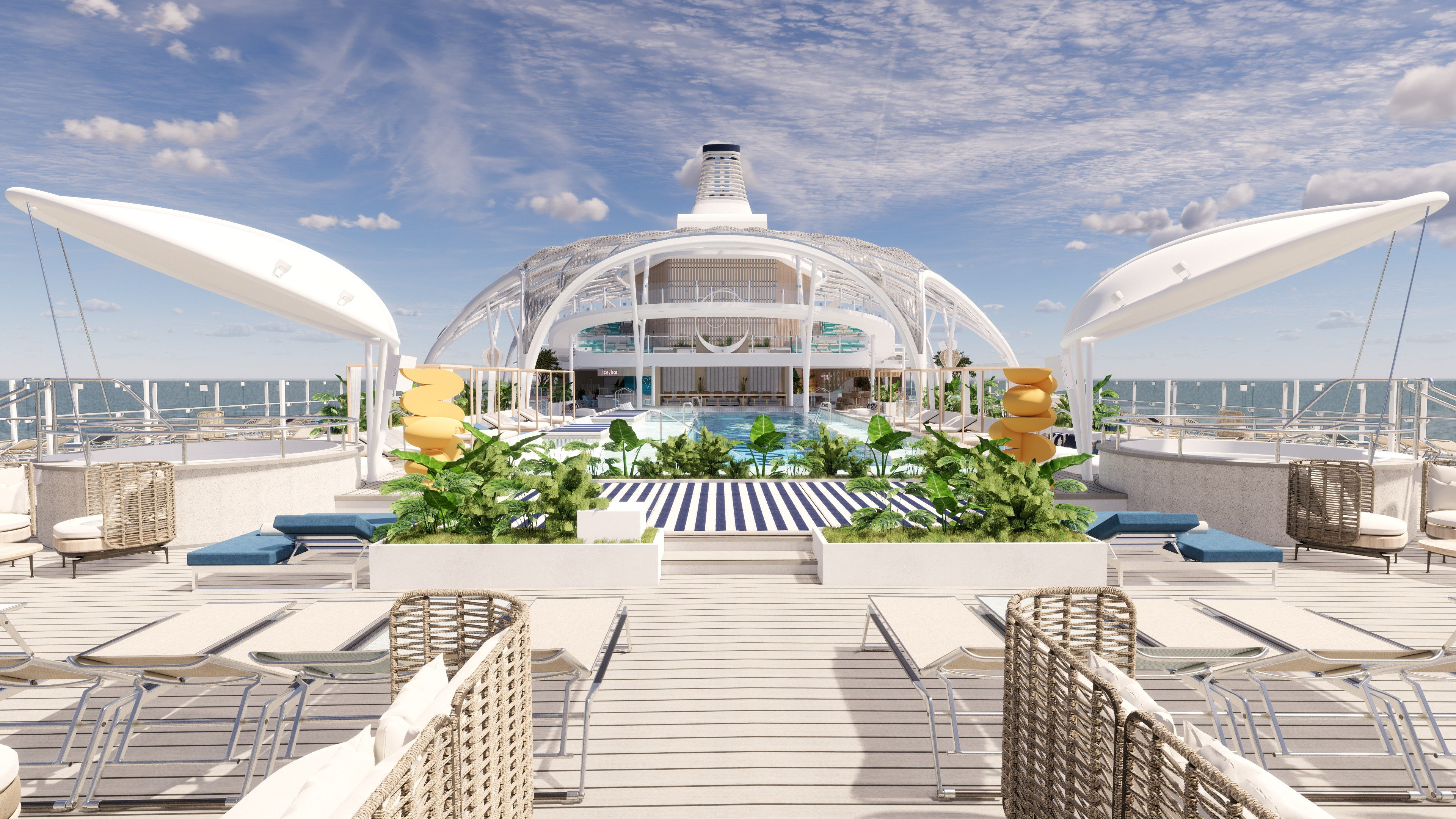 Sonnendeck mit Pool und Liegestühlen auf Kreuzfahrtschiff der Mein Schiff® Flotte.