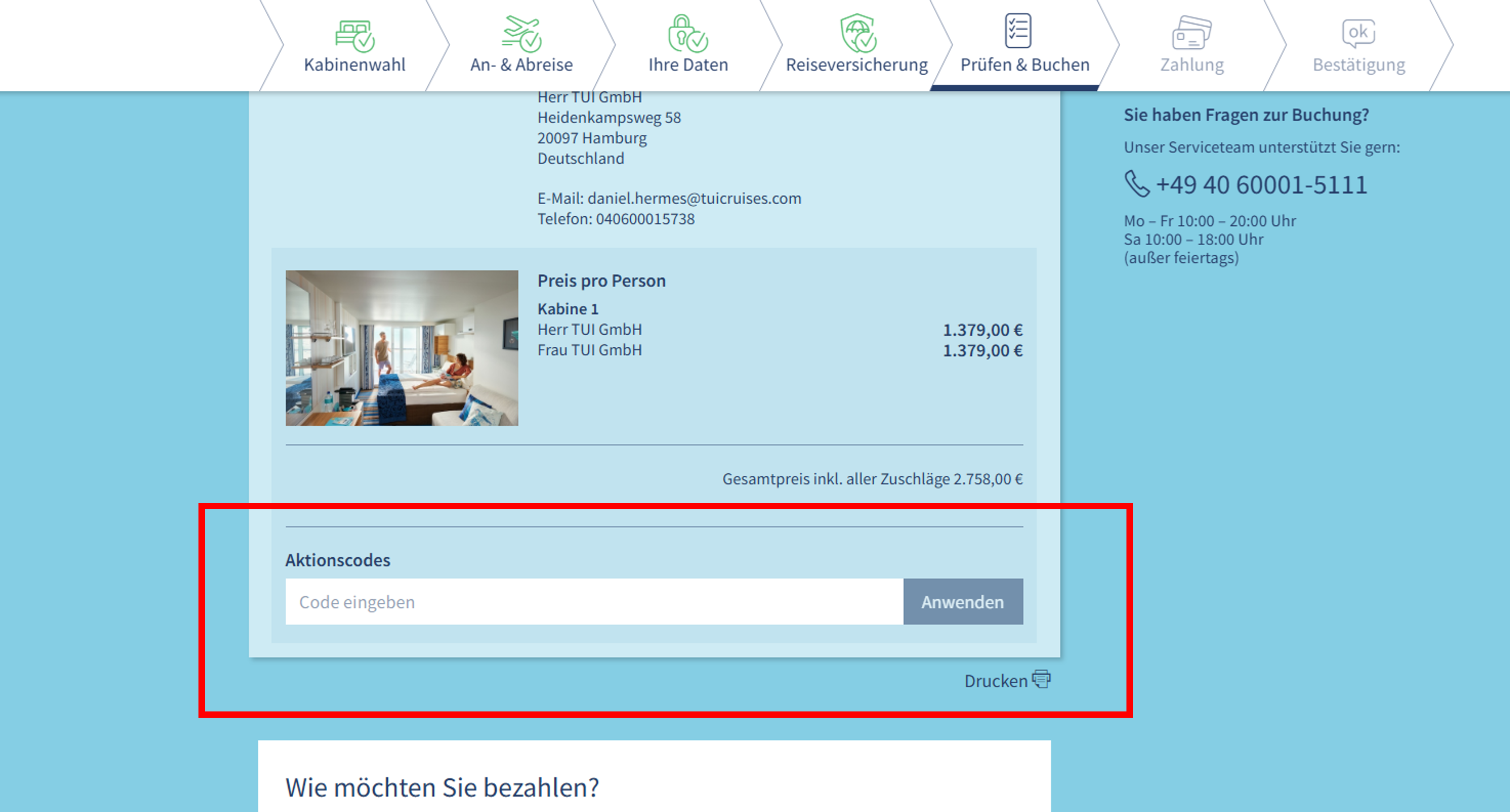 Buchungsseite mit Kabinenpreis und Aktionscode-Eingabefeld.