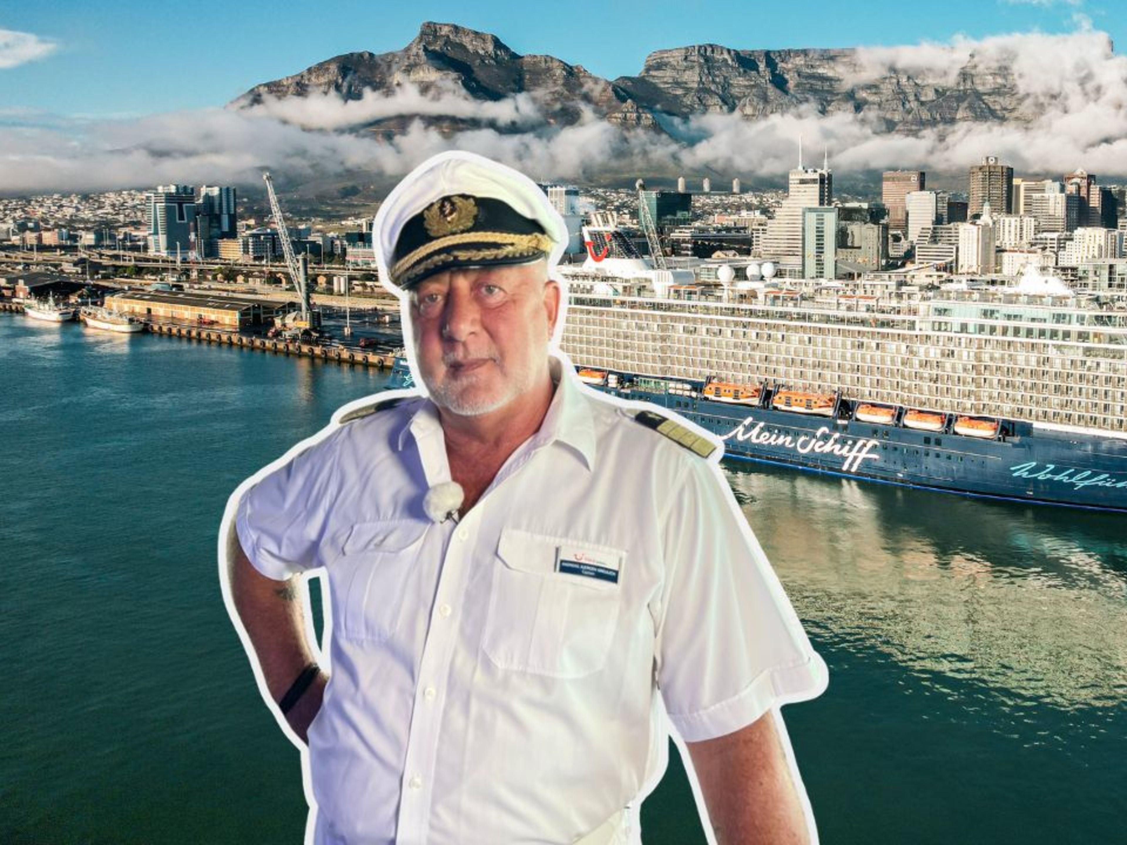 Andreas Greulich Kapitän vor Kreuzfahrtschiff der Mein Schiff® Flotte in Kapstadt.