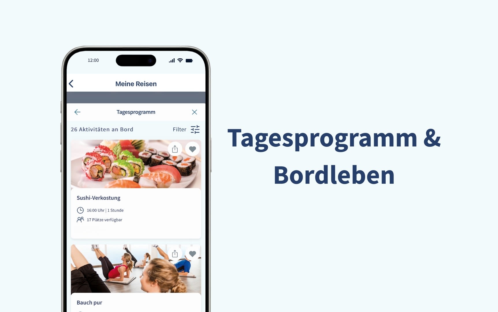 Smartphone zeigt Sushi-Verkostung und Fitnesskurs im Tagesprogramm.