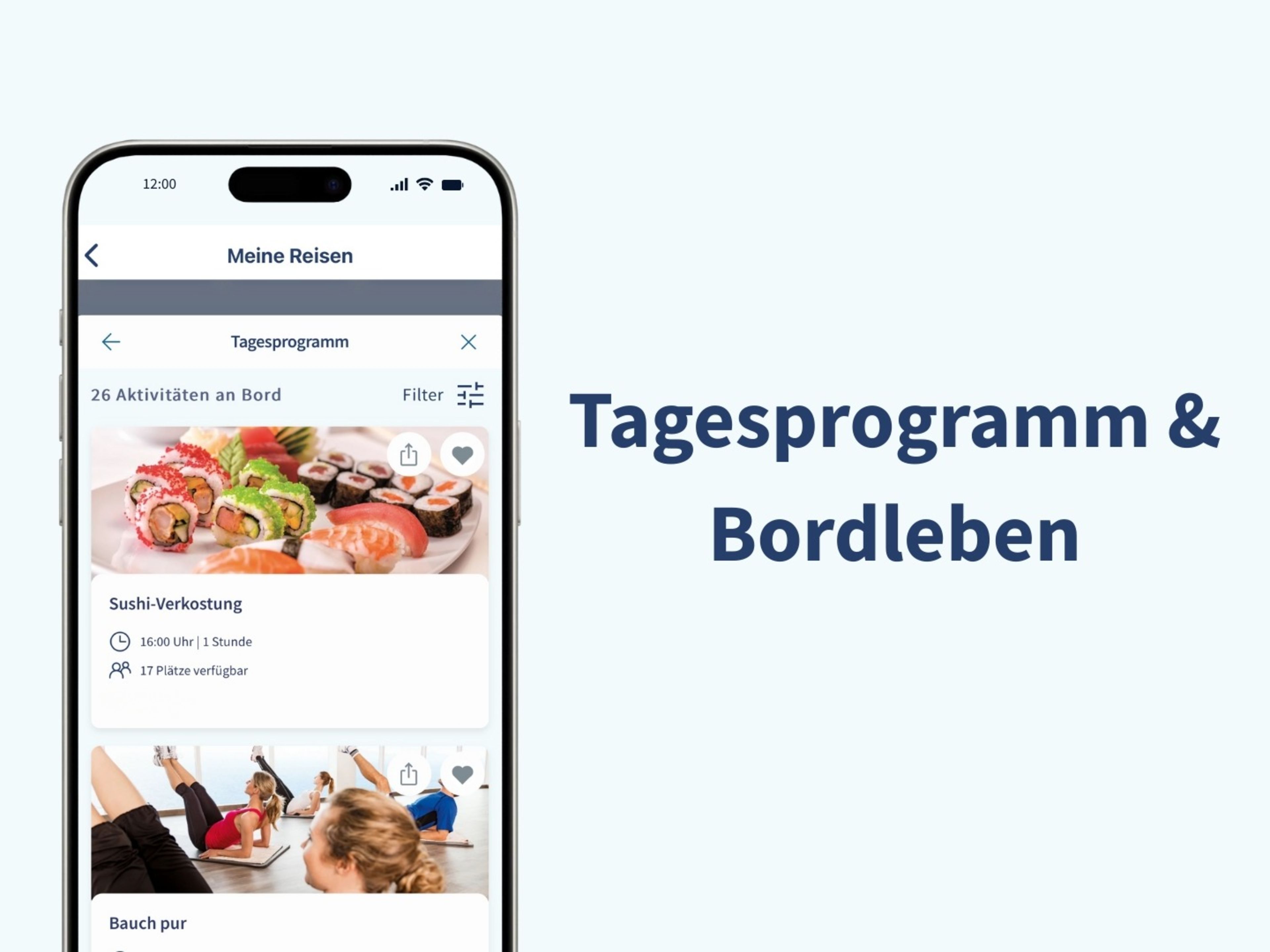 App Preview Smartphone zeigt Sushi-Verkostung und Fitnesskurs im Tagesprogramm.