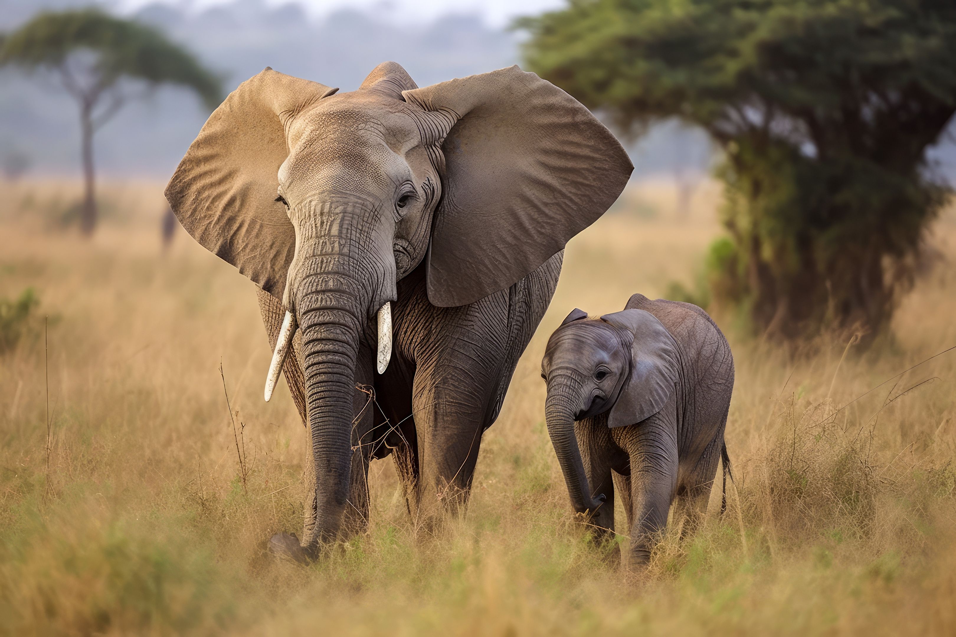 Zwei Elefanten im Grasland, großer Baum im Hintergrund.